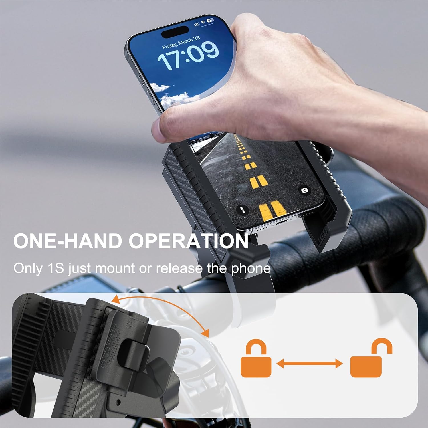 Bike Phone Mount, Motorcycle Phone Holder with Not Block Camera, Motorcycle Handlebar Cell Phone Clamp for iPhone 16, iPhone 15 Pro Max/Plus,14,S9, S10 and More 4.5