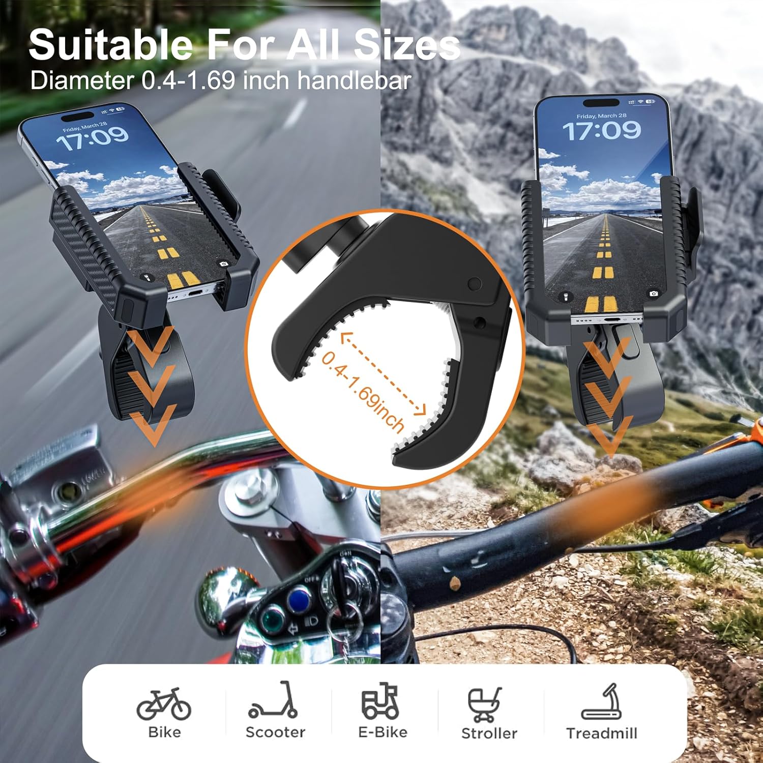 Bike Phone Mount, Motorcycle Phone Holder with Not Block Camera, Motorcycle Handlebar Cell Phone Clamp for iPhone 16, iPhone 15 Pro Max/Plus,14,S9, S10 and More 4.5