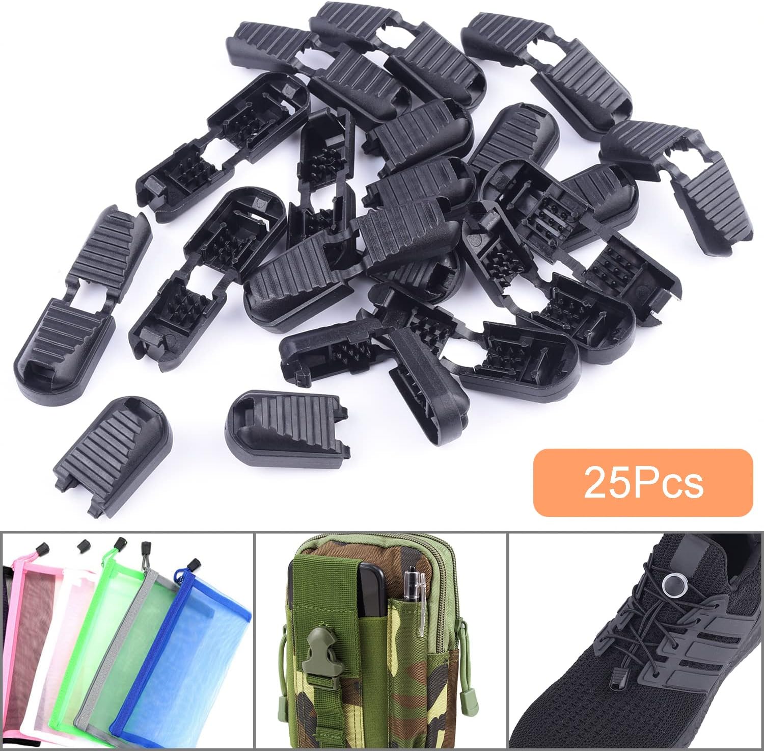 25 Pack Zipper Pull Tabs Cord Ends Tips Shoe Lace End Clips Cord Lock for Paracord Molle Backpack Quick No Tied Shoelace Triathlon Marathon Running Shoe - Image 4