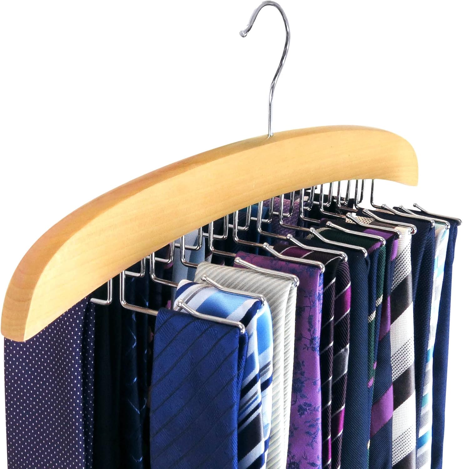 HANGERWORLD Hanging Tie Holder Organizer Rack - Premium Wooden Tie Hanger with 24 Folding Accessory Hooks for Closet Space Saving - Image 1