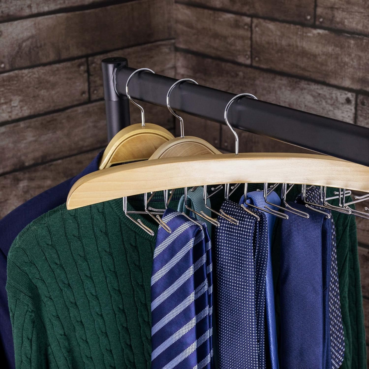 HANGERWORLD Hanging Tie Holder Organizer Rack - Premium Wooden Tie Hanger with 24 Folding Accessory Hooks for Closet Space Saving - Image 5
