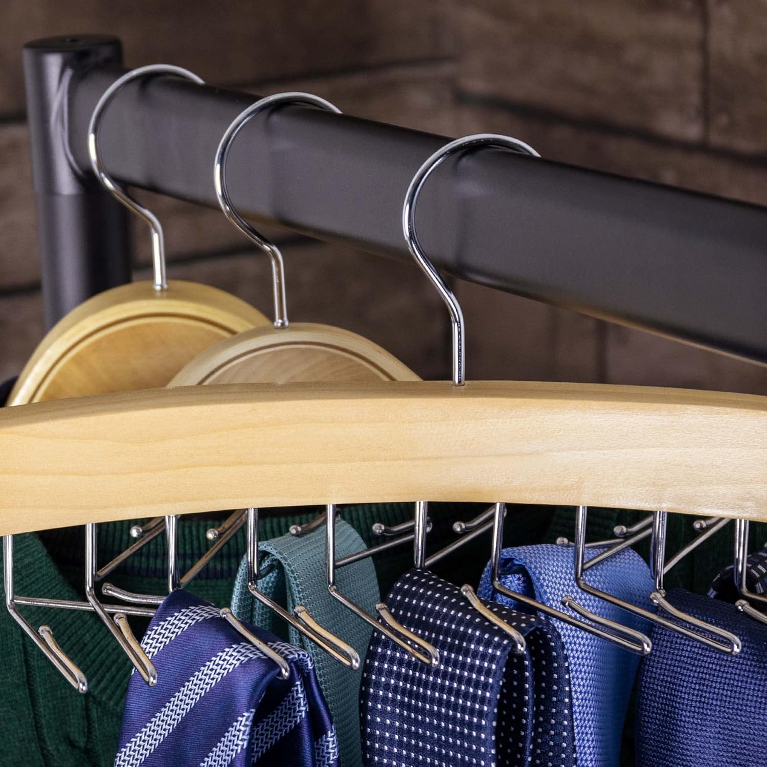 HANGERWORLD Hanging Tie Holder Organizer Rack - Premium Wooden Tie Hanger with 24 Folding Accessory Hooks for Closet Space Saving - Image 6