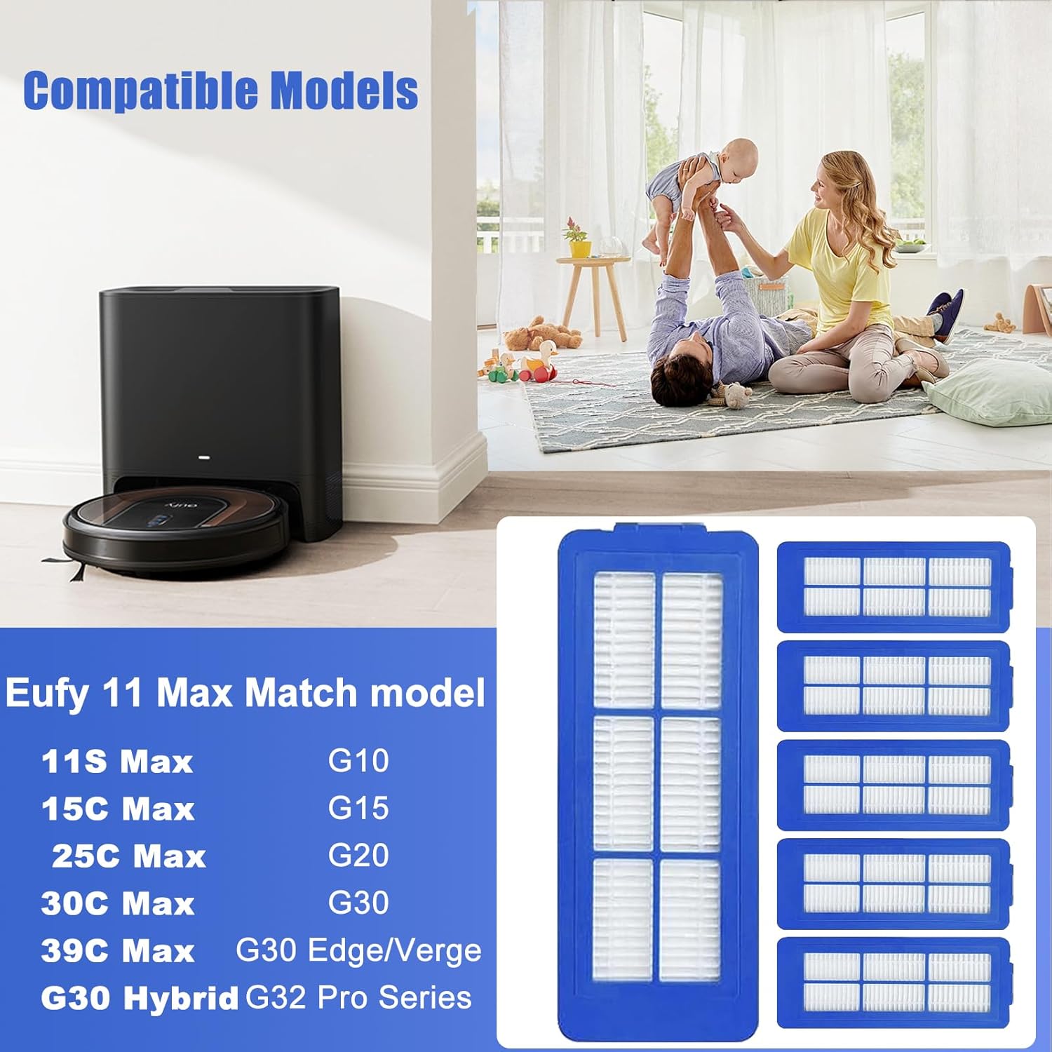 6 Pcs Replacement HEPA Filters for Eufy 11S Max 15C Max, 30C Max,39C Max,G30 Edge, G30 Hybrid Vacuum Cleaner Spare Filters Sets, Blue - Image 2