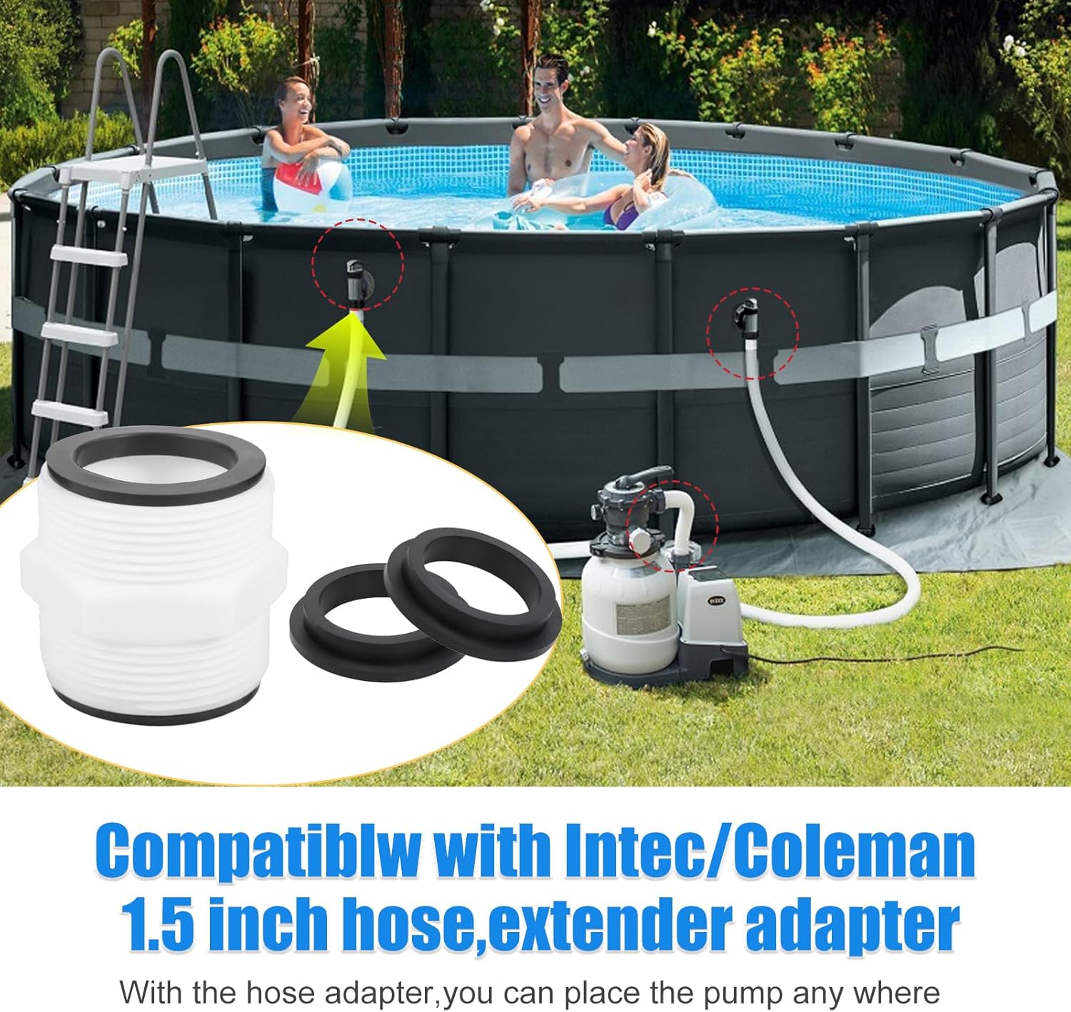 Pool Hose Connector for Intex Coleman Swimming Pool Pump Hose Extender Adapter with 11228 11412 L-Shape O-Ring Gasket | 2 Hose Connector 8 Sealing Rings - Image 2