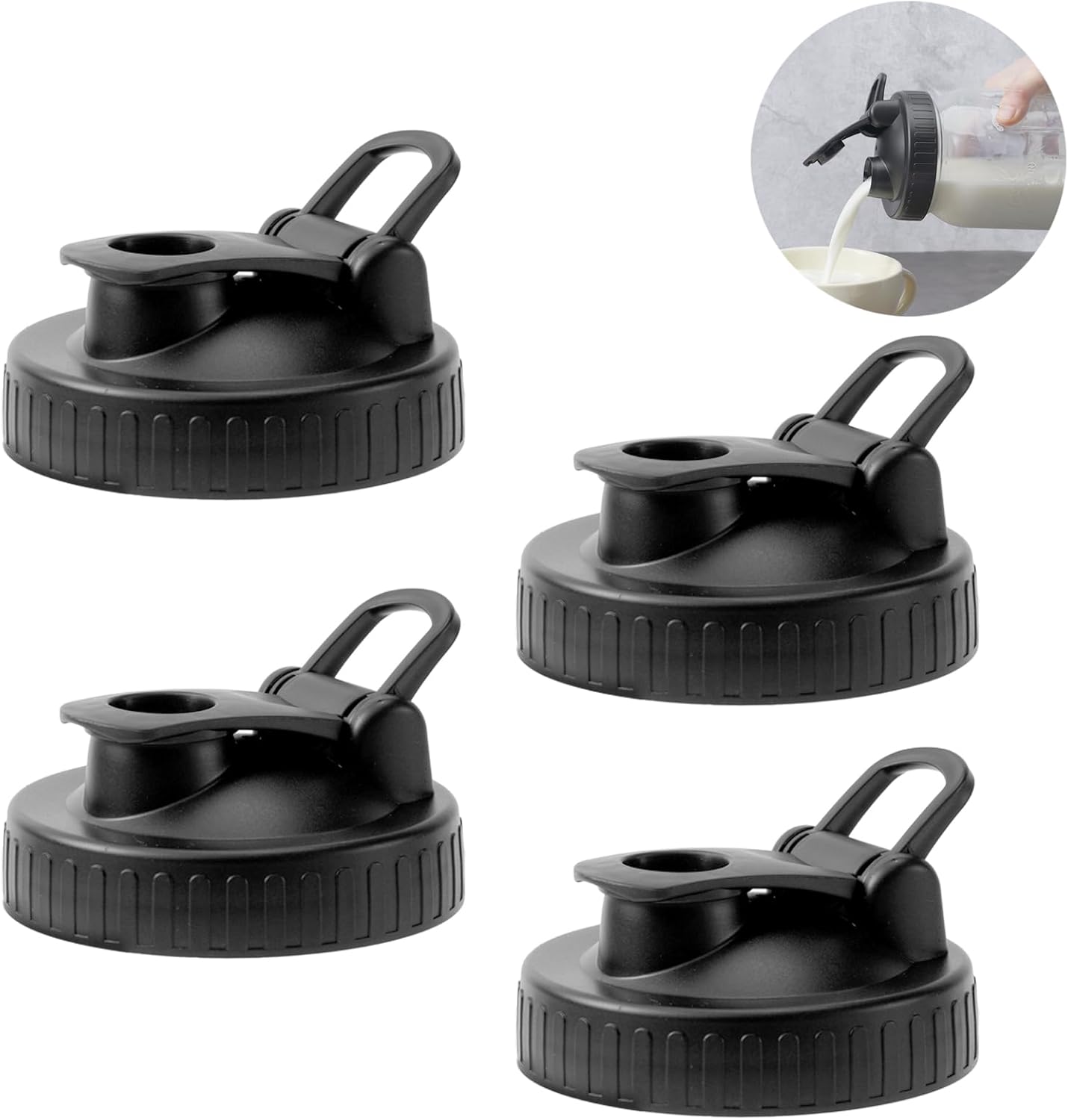 Pour Spout Lids for Ball Regular Mouth Mason Jars, Airtight Canning Jar Flip Cap Top Lid for Drinking, Salad, Dressing Pouring, Leak-Proof, Black Pack of 4 - Image 1