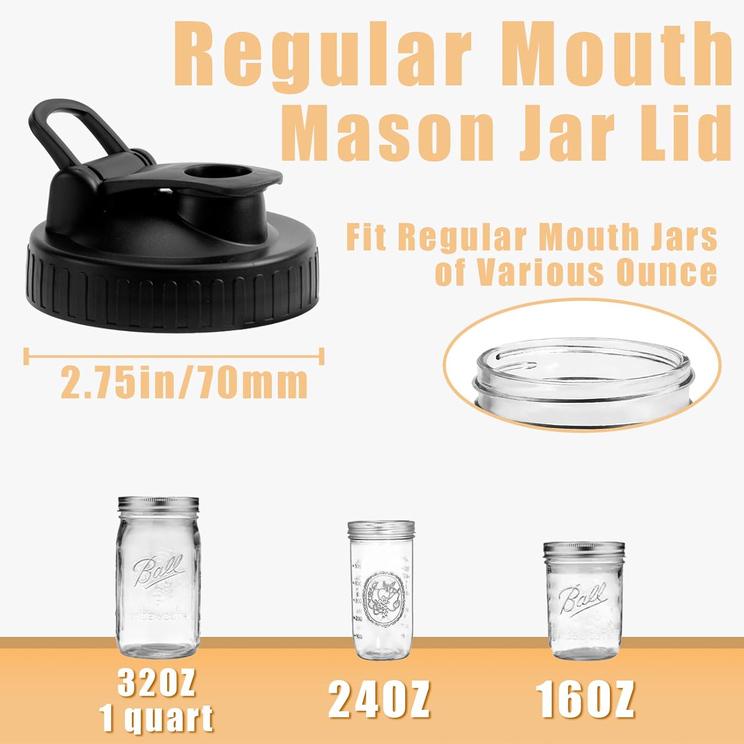 Pour Spout Lids for Ball Regular Mouth Mason Jars, Airtight Canning Jar Flip Cap Top Lid for Drinking, Salad, Dressing Pouring, Leak-Proof, Black Pack of 4 - Image 2