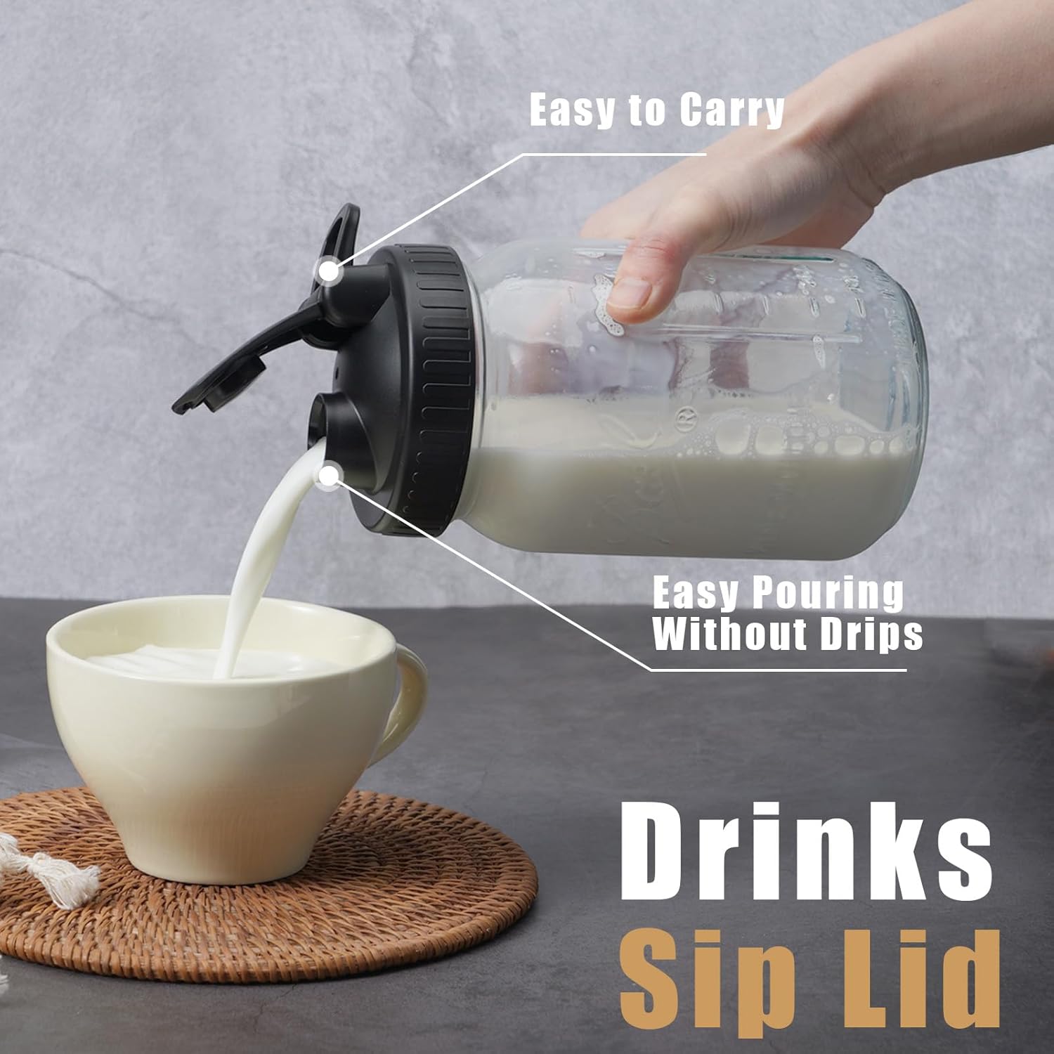 Pour Spout Lids for Ball Regular Mouth Mason Jars, Airtight Canning Jar Flip Cap Top Lid for Drinking, Salad, Dressing Pouring, Leak-Proof, Black Pack of 4 - Image 4