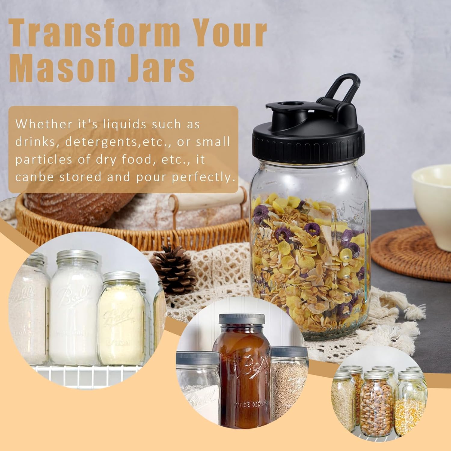 Pour Spout Lids for Ball Regular Mouth Mason Jars, Airtight Canning Jar Flip Cap Top Lid for Drinking, Salad, Dressing Pouring, Leak-Proof, Black Pack of 4 - Image 6