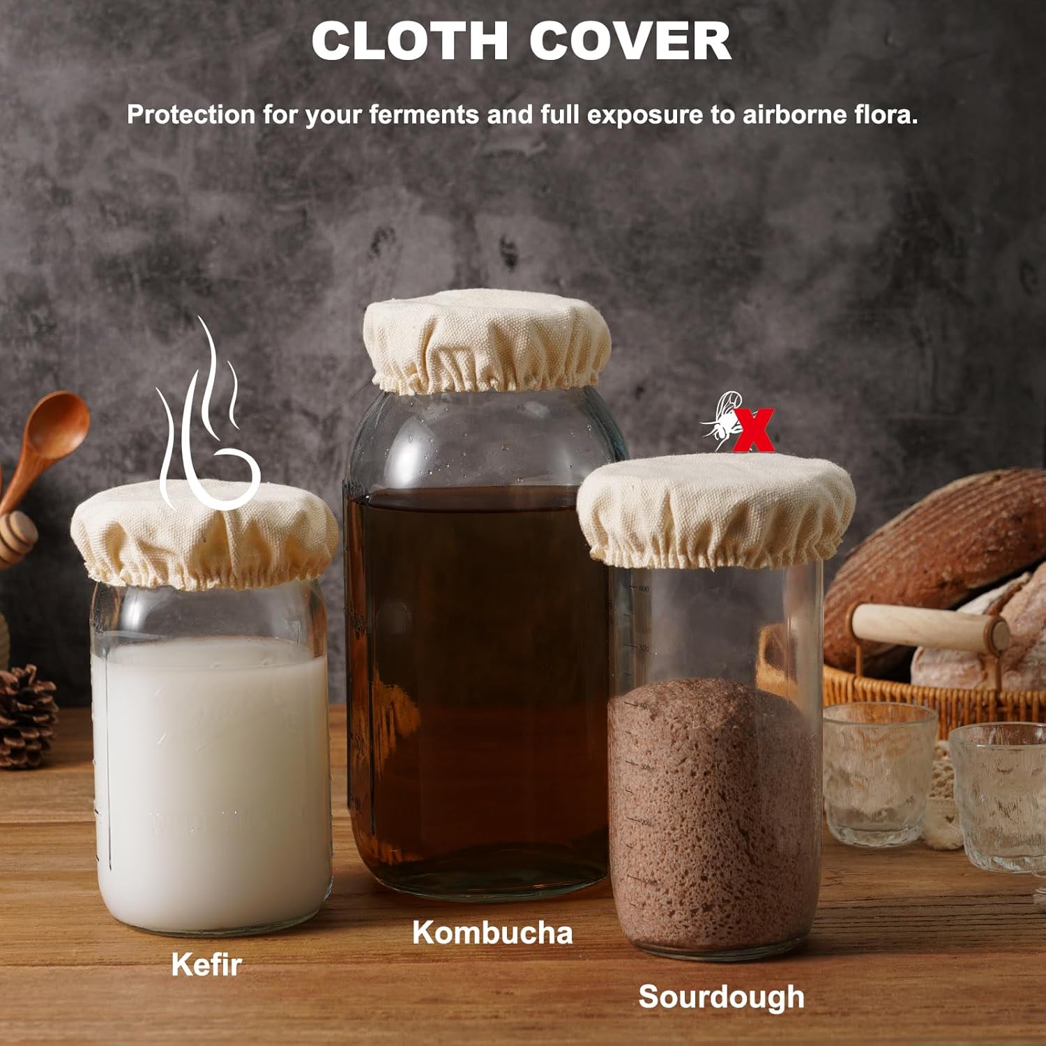 Cloth Covers for Sourdough Starter Jars Or Kombucha Kefir Fermentation Cheese Fabric Lids, Fit Jars Mouth from 3-4 inch, 5 Pack - Image 3