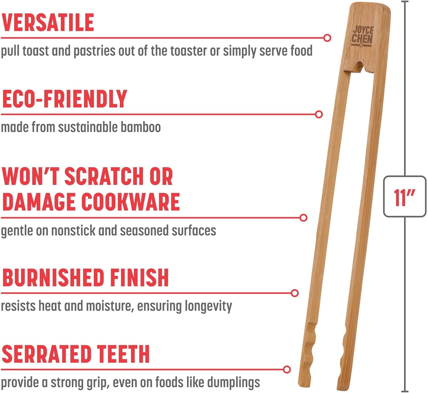 11-Inch Burnished Bamboo Tongs with Serrated Teeth, Natural Finish Nonstick Safe Serving Tongs - Image 2