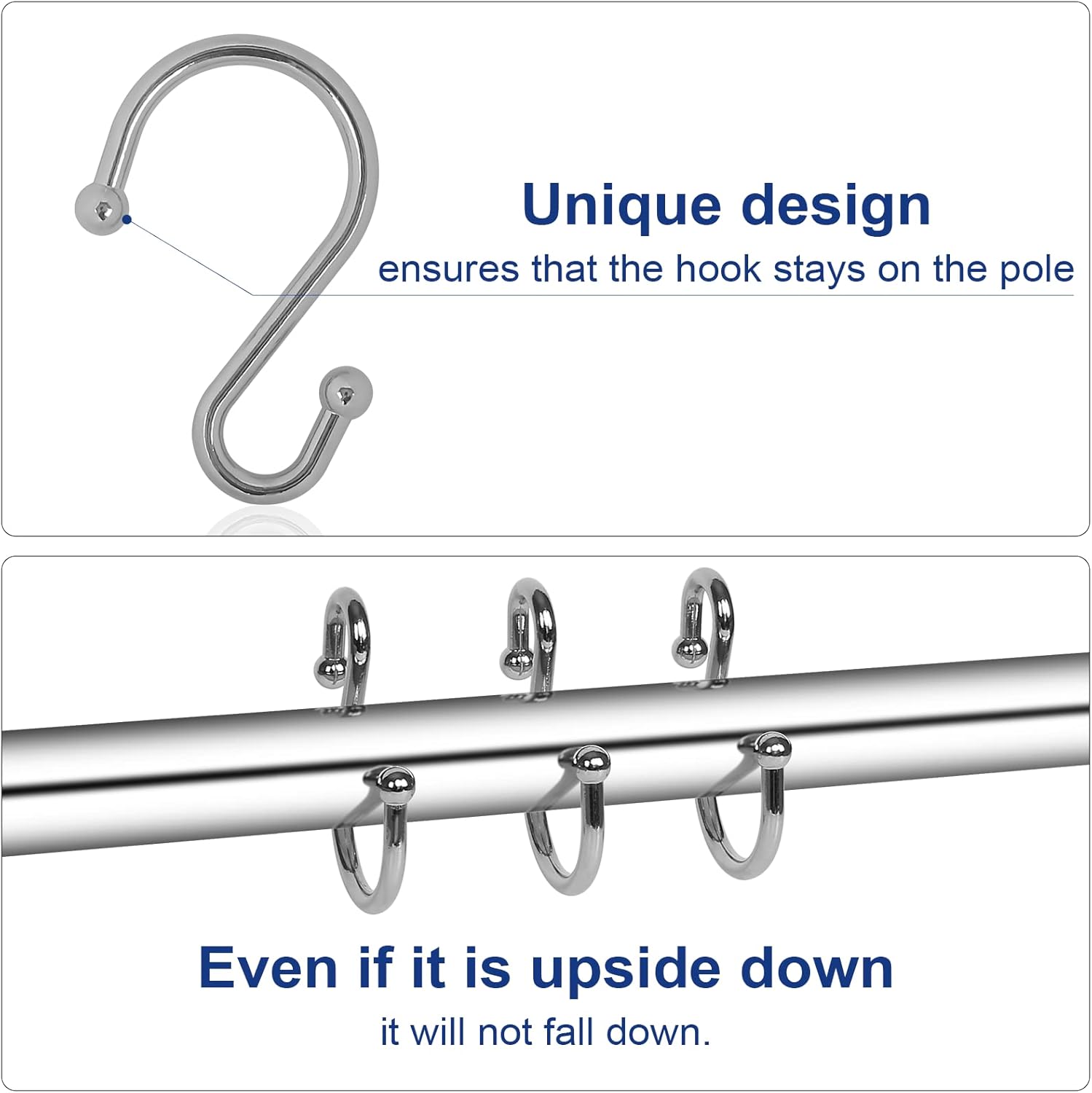 Metal Shower Curtain Hooks, Set of 12, Rt Proof Shower Curtain Hooks Rings, Durable S Shaped Hooks Hangers for Shower Curtains, Kitchen Utensils, Clothes, Towels (Chrome) - Image 3