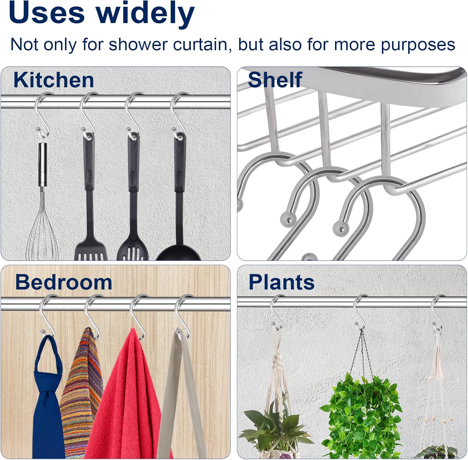 Metal Shower Curtain Hooks, Set of 12, Rt Proof Shower Curtain Hooks Rings, Durable S Shaped Hooks Hangers for Shower Curtains, Kitchen Utensils, Clothes, Towels (Chrome) - Image 6