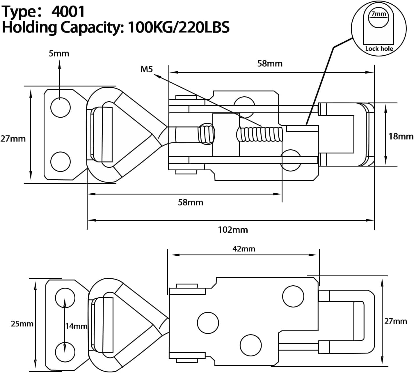Toggle Latch Clamp 4001 with Lock Hole, 304 Stainless Steel Adjtable Heavy Duty Pull Hasp Latches For Smoker Cabinet Tool Box Case Trunk Door, 330Lbs Holding Capacity (2 Pack) - Image 2