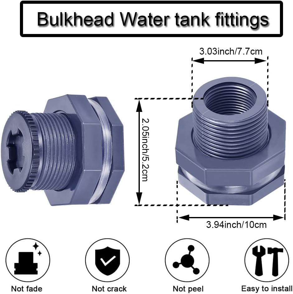 2” Female PVC Bulkhead Fitting with Plug Silicon Seal Gasket Water Tank Connector for 3 Inch Hole Saw Rain Barrels, Aquariums - Image 2