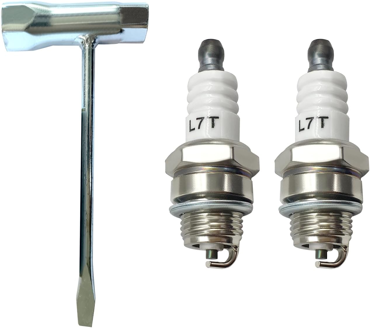 L7T Spark Plug with Chainsaw Scrench Wrench Tool, Replaces BPM7A BPMR7A RCJ6Y RCJ7Y BM6A CJ8 WSR5F for 33cc 43cc 47cc 49cc 52CC 2-Stroke Small Engine MS290 021 023 024 025 026 etc (2 Pc) - Image 1