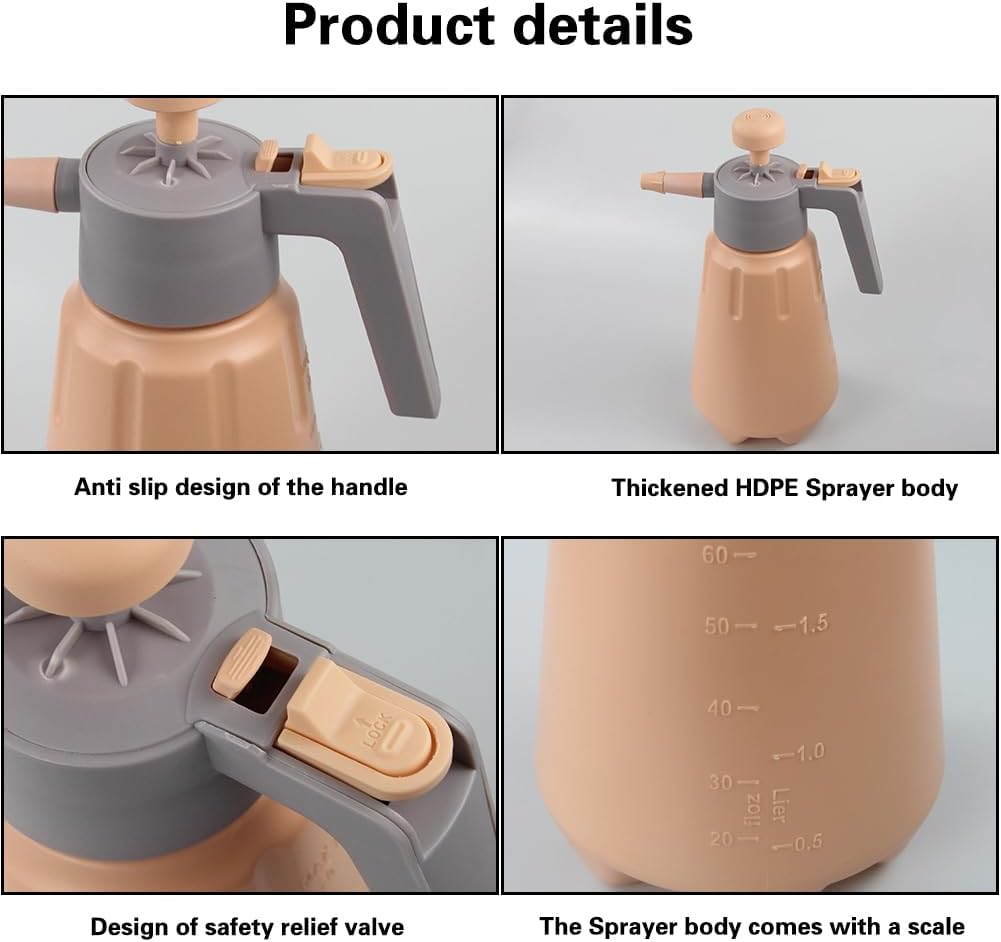 Garden Pump Sprayer, 68 oz/0.5 Gallon Hand Held Pressure Sprayer with Safety Valve ＆ Adjtable Nozzle, Large Capacity Bottle Water Weed Flower Plant Lawn Home Washing Spray 2L(Salmon Pink) - Image 5
