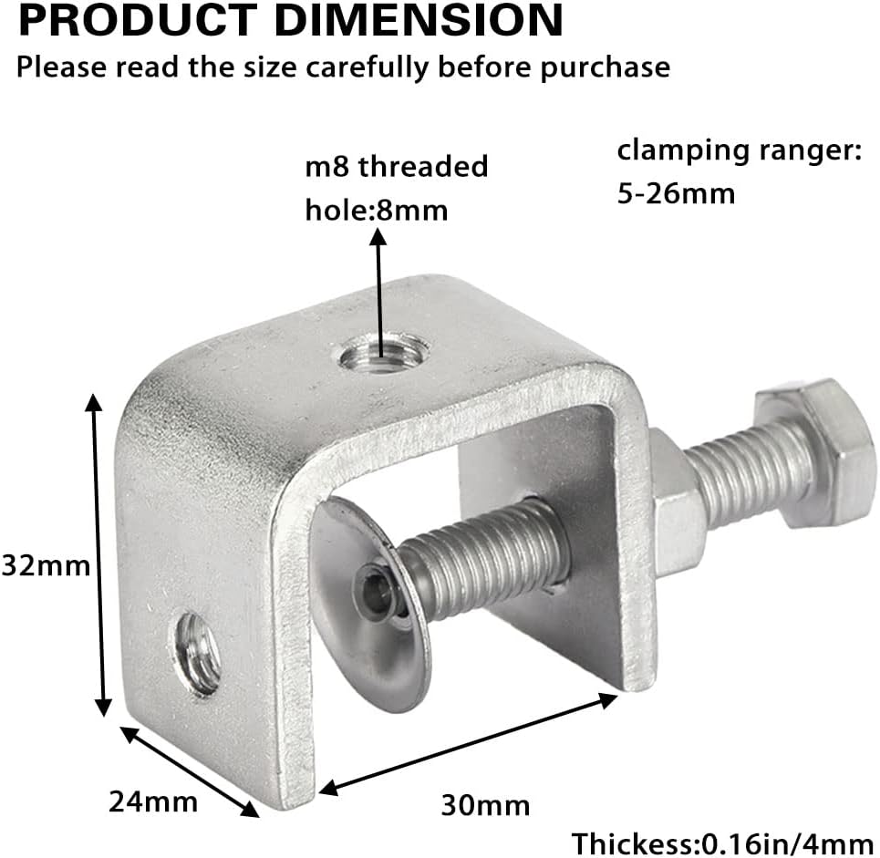 4pcs Heavy Duty Stainless Steel C-Clamp, 30MM Wide Jaw Openings, 0-25MM Clamping Range, M8 Threaded Hole, Silver - Image 3