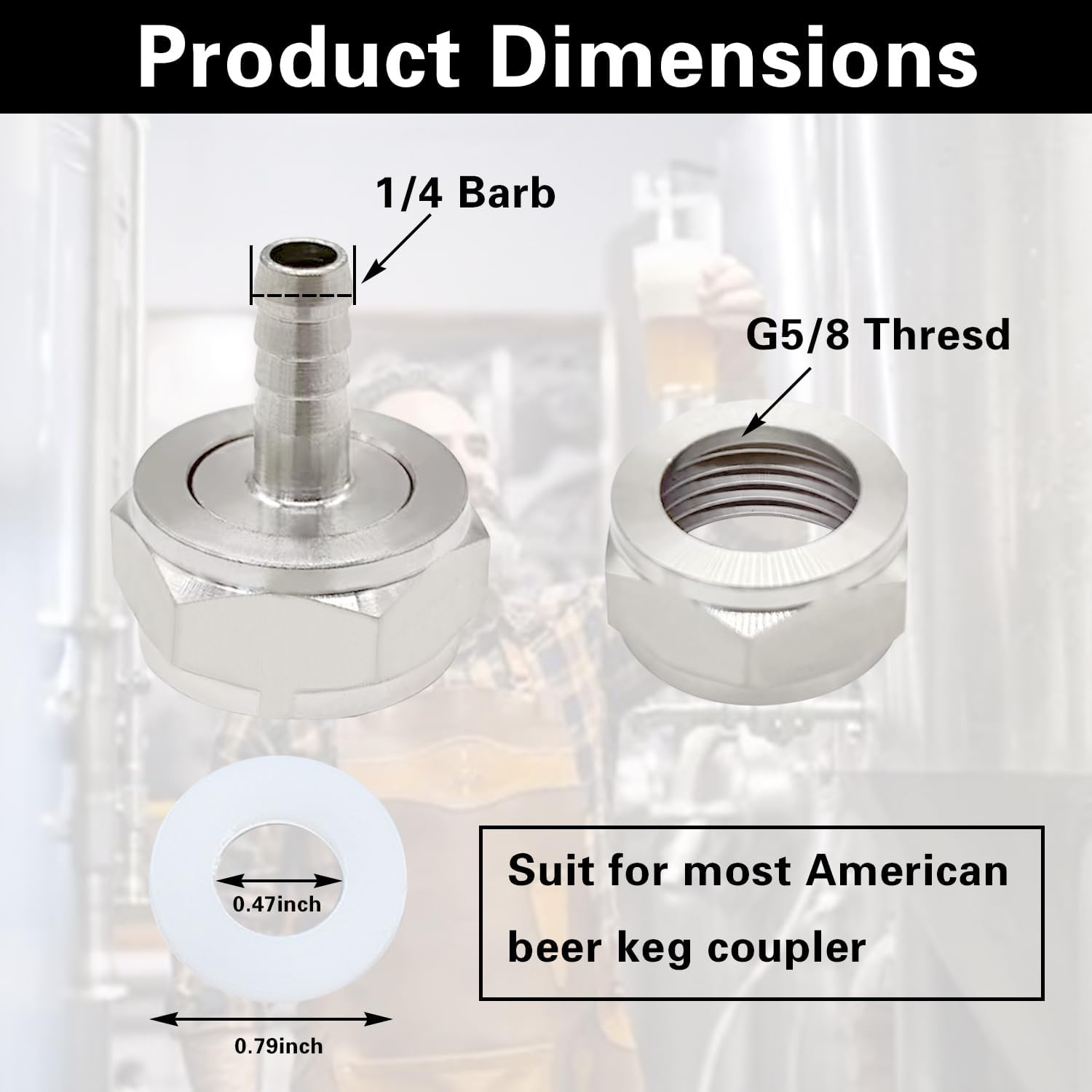 Keg Coupler Barb Connector, 1/4'' Barb x G5/8 Thread Stainless Steel 304 Beer Kegerator Sankey Couplers Hex Nut Beer Line Tailpiece Nipple Fitting with Sealing Gasket Washer(2 Pack) - Image 2