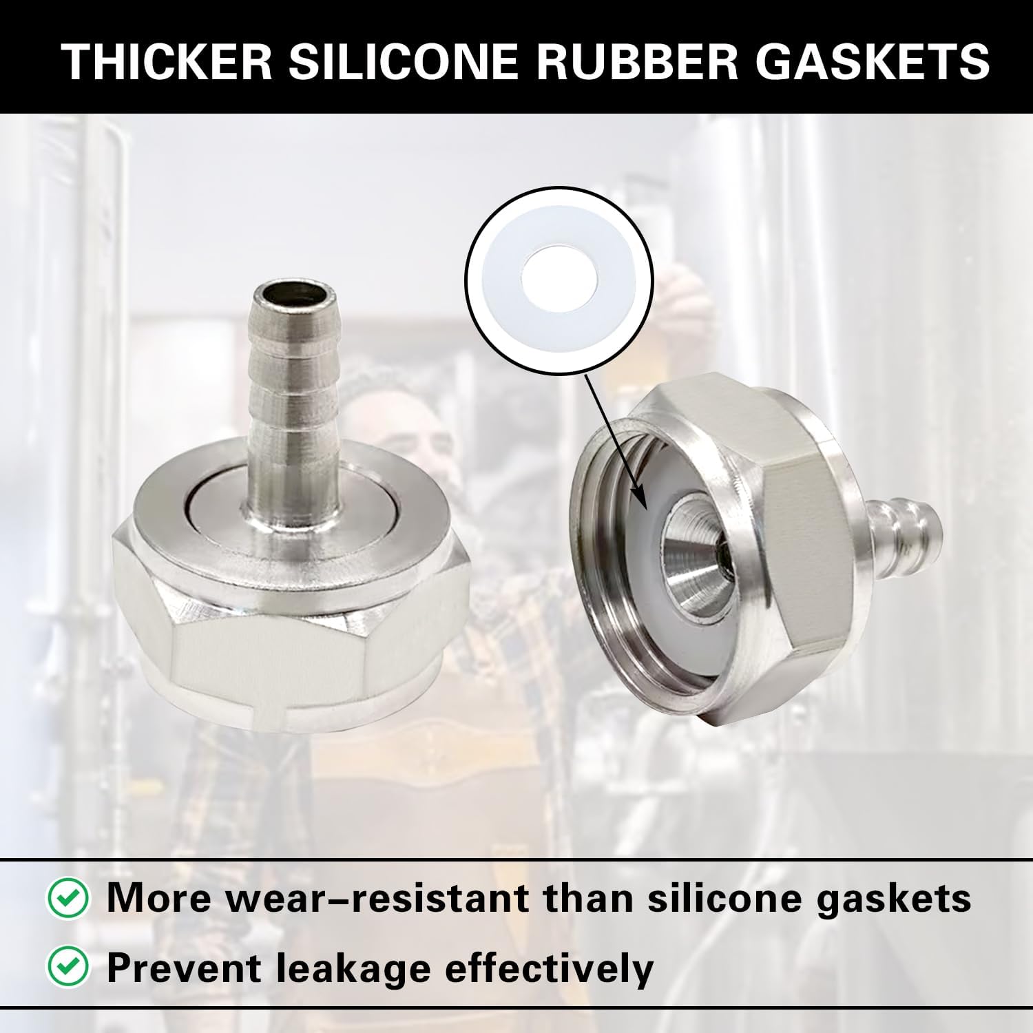 Keg Coupler Barb Connector, 1/4'' Barb x G5/8 Thread Stainless Steel 304 Beer Kegerator Sankey Couplers Hex Nut Beer Line Tailpiece Nipple Fitting with Sealing Gasket Washer(2 Pack) - Image 3