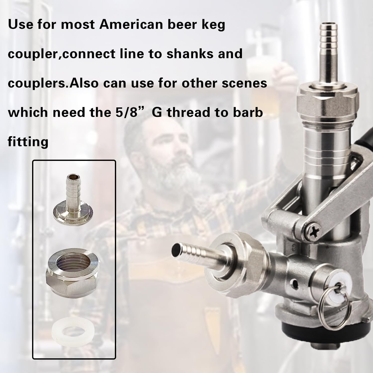 Keg Coupler Barb Connector, 1/4'' Barb x G5/8 Thread Stainless Steel 304 Beer Kegerator Sankey Couplers Hex Nut Beer Line Tailpiece Nipple Fitting with Sealing Gasket Washer(2 Pack) - Image 5
