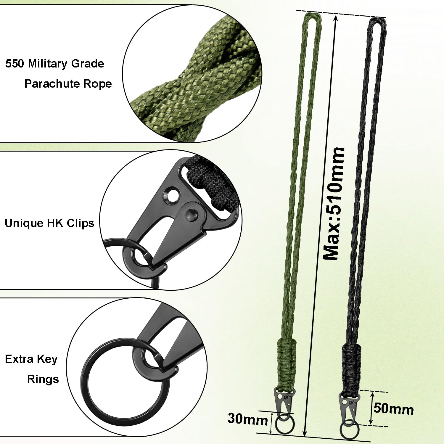 CooBigo 2 Set Heavy Duty Paracord Lanyard Necklace Keychains with HK Clip,550 Parachute Lanyard for Keys, ID Card Badge - Image 2