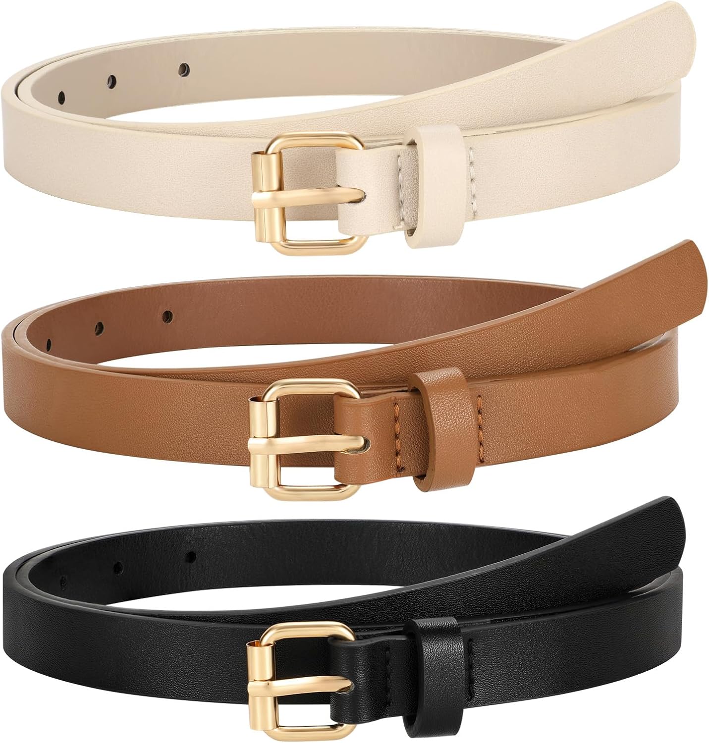 3 Pack Women Skinny Leather Belt for Jeans Pants Dress Ladies Thin Waist Belt with Gold Buckle - Image 1