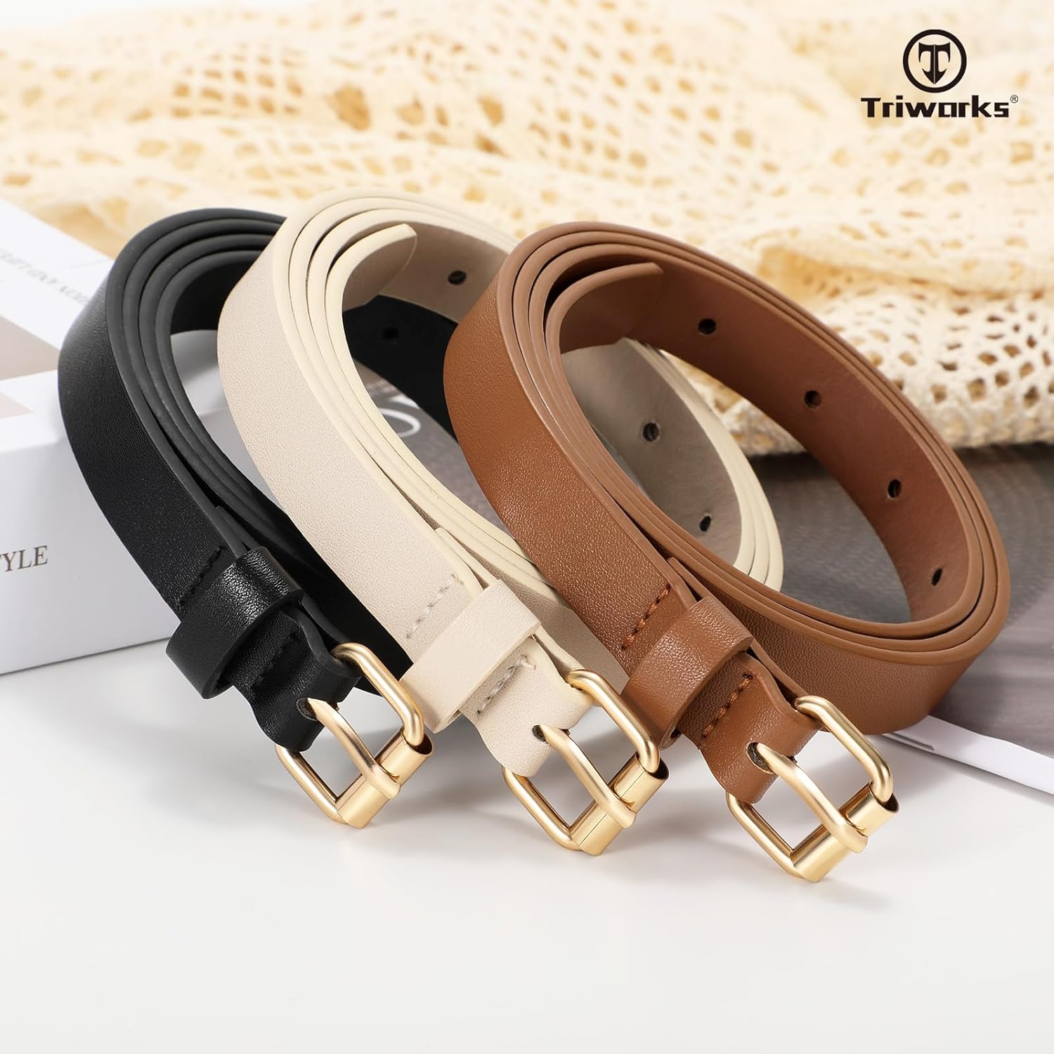 3 Pack Women Skinny Leather Belt for Jeans Pants Dress Ladies Thin Waist Belt with Gold Buckle - Image 5