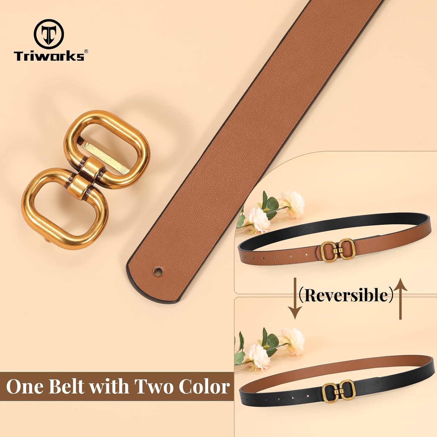 Reversible Leather Belt for Women with Gold Buckle Ladies Leather Belt for Jeans Pants - Image 2