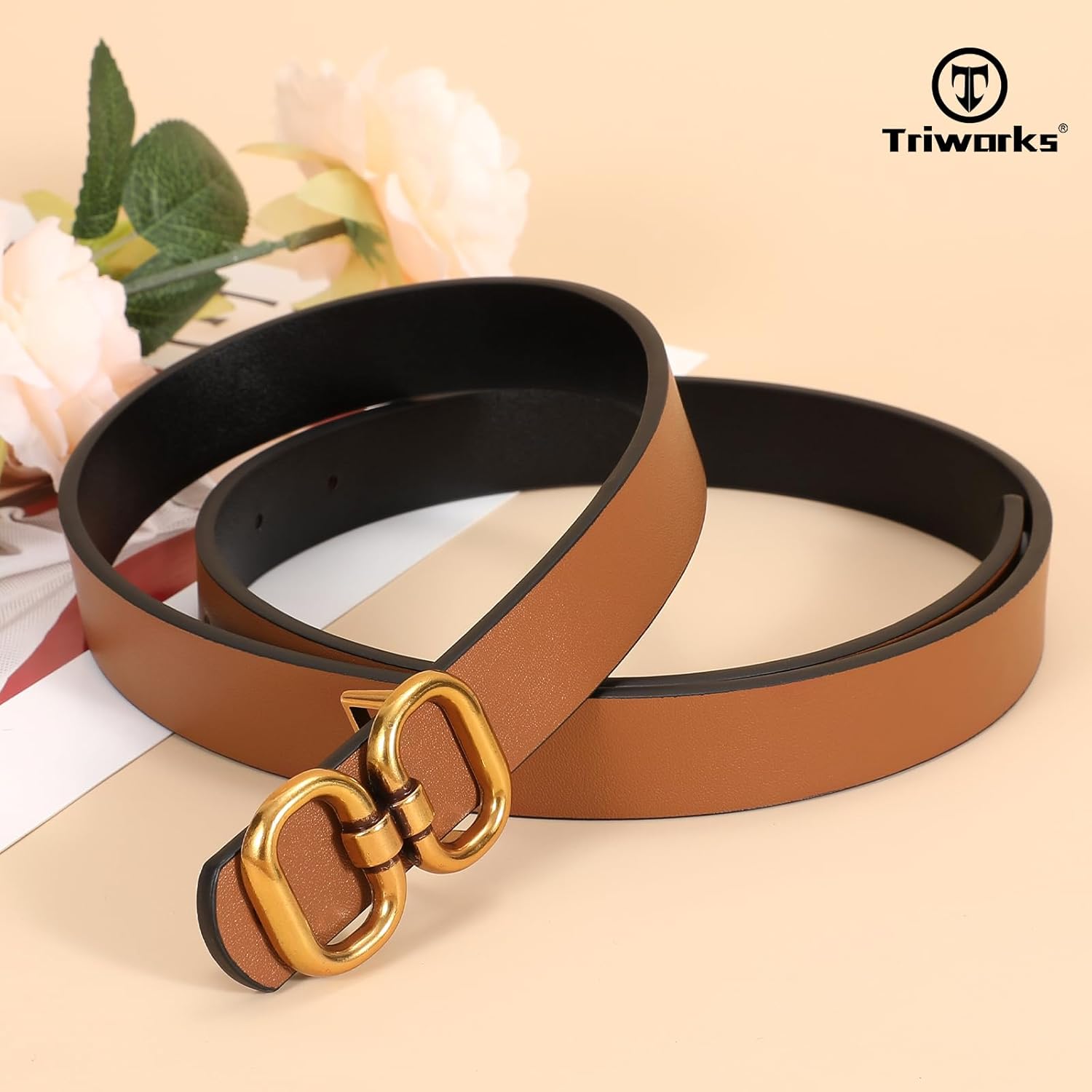 Reversible Leather Belt for Women with Gold Buckle Ladies Leather Belt for Jeans Pants - Image 3