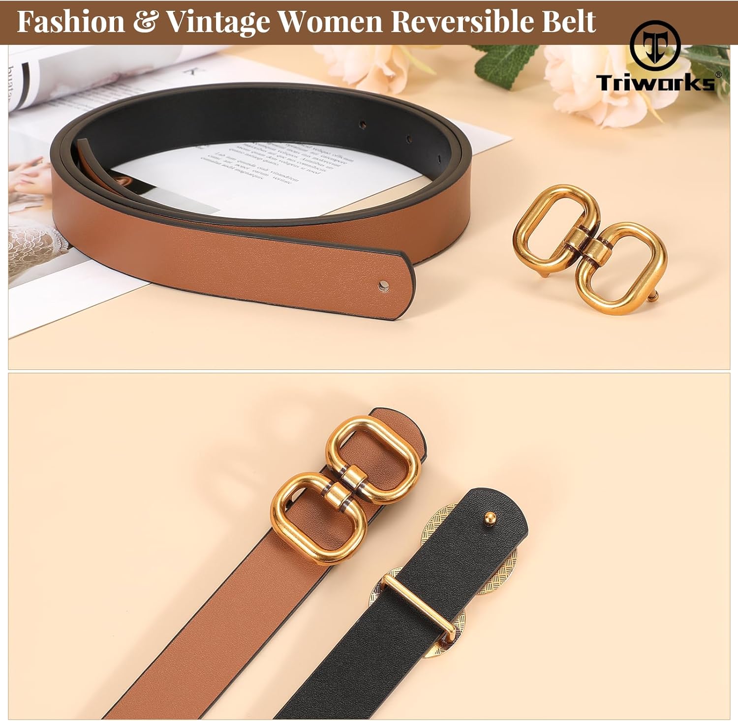 Reversible Leather Belt for Women with Gold Buckle Ladies Leather Belt for Jeans Pants - Image 6