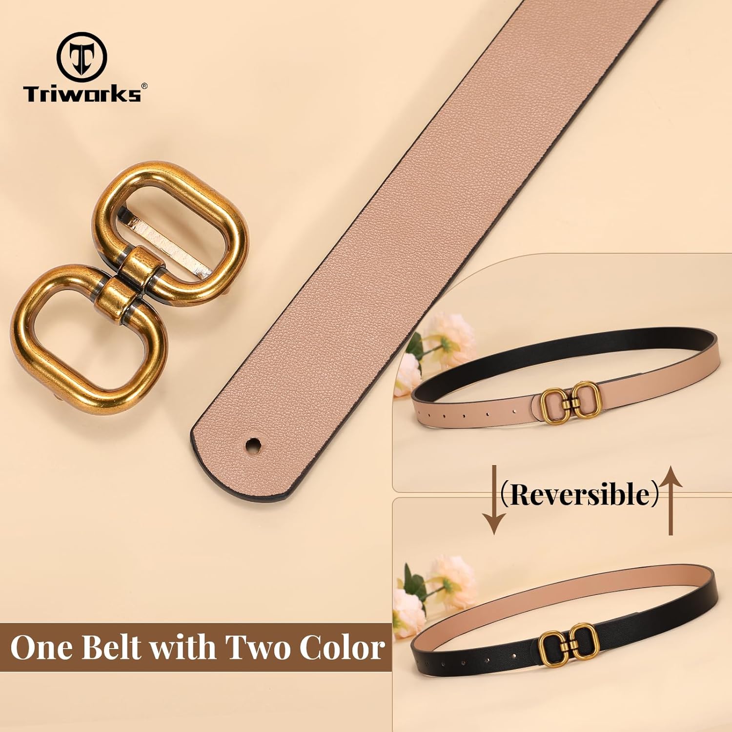 Reversible Leather Belt for Women with Gold Buckle Ladies Leather Belt for Jeans Pants - Image 2