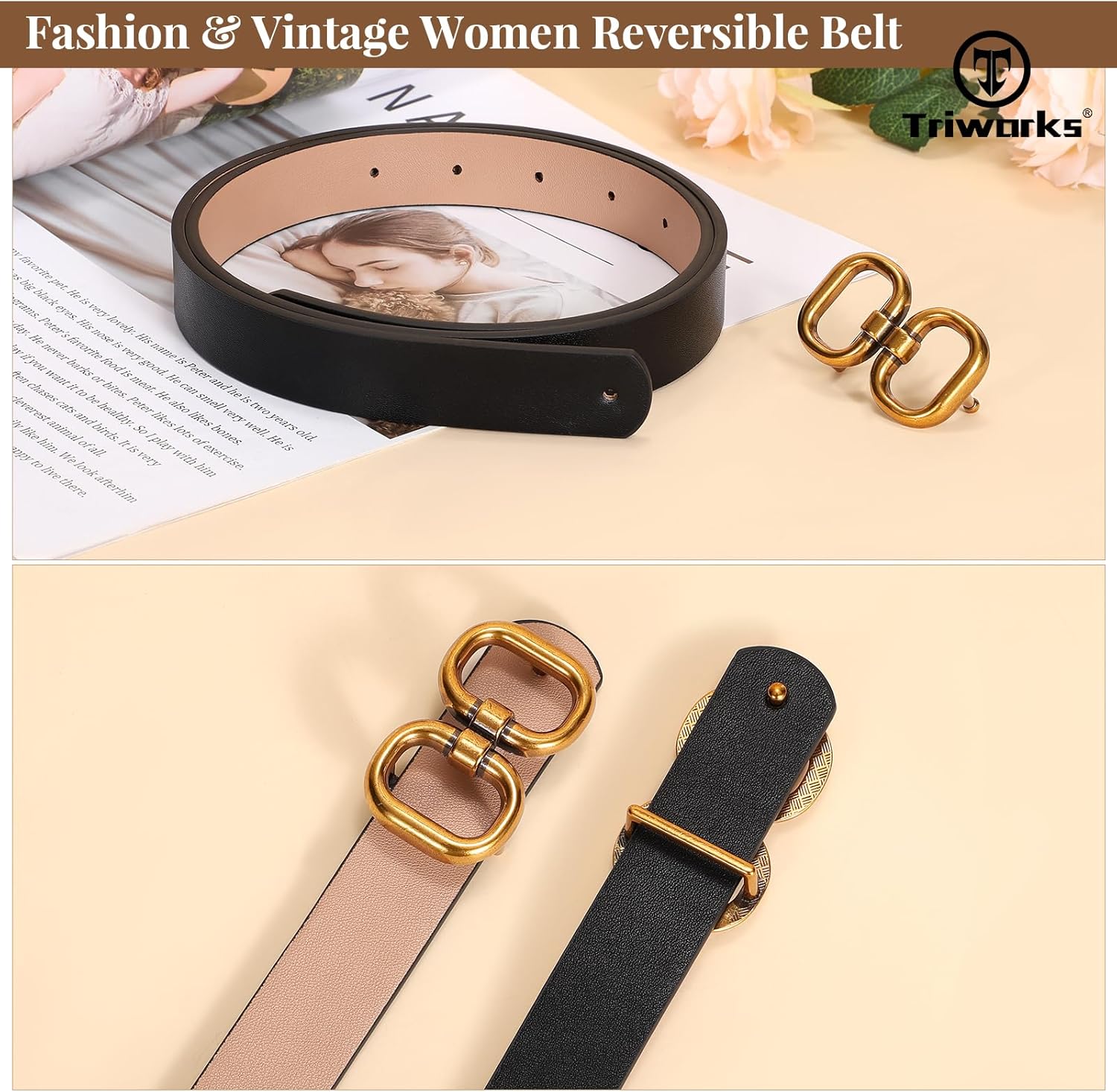 Reversible Leather Belt for Women with Gold Buckle Ladies Leather Belt for Jeans Pants - Image 4