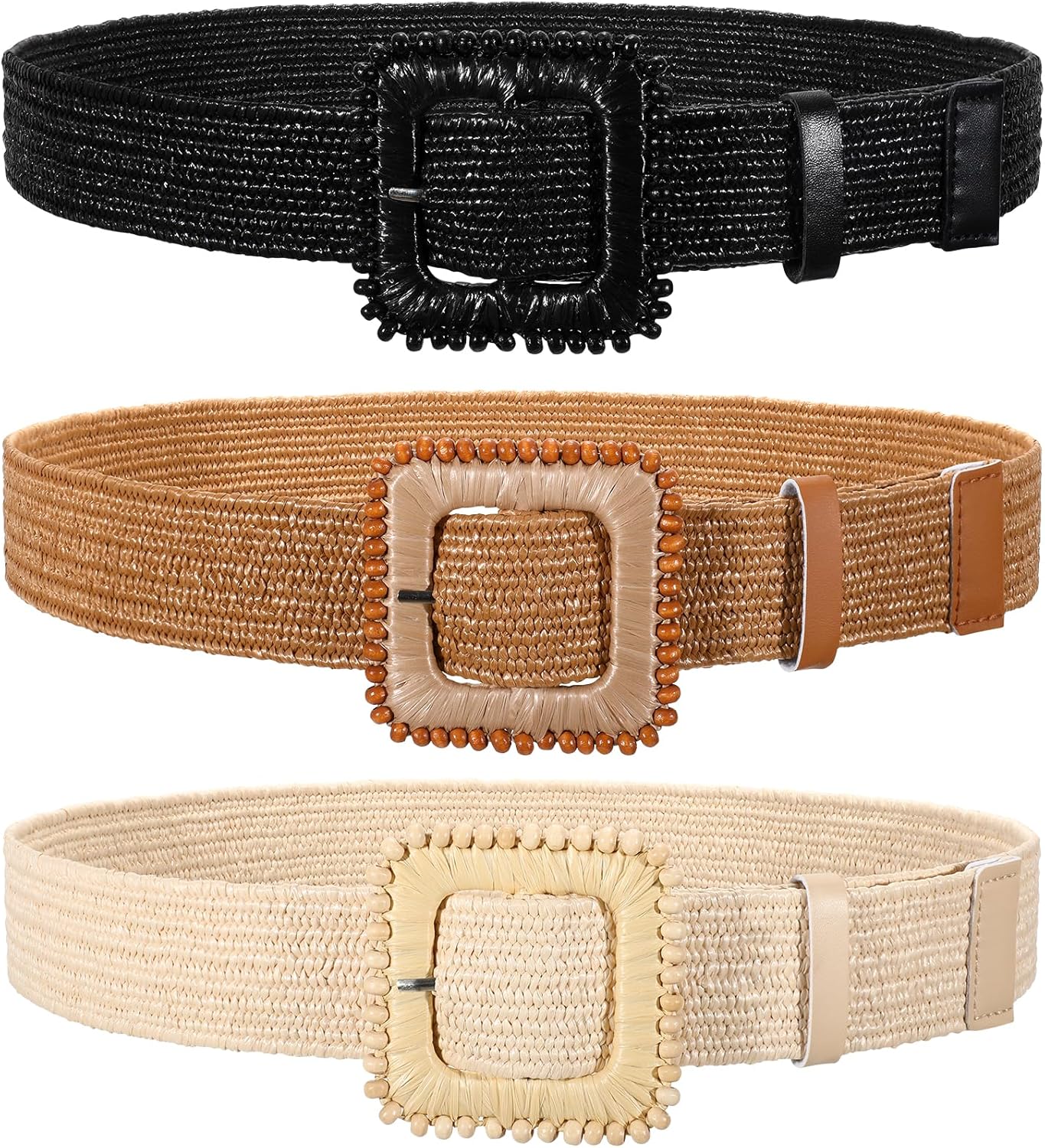 3 Pack Straw Woven Stretch Belt for Women,Raffia Elastic Belt for Dress Wide Boho Waist Belt with Square Buckle - Image 1