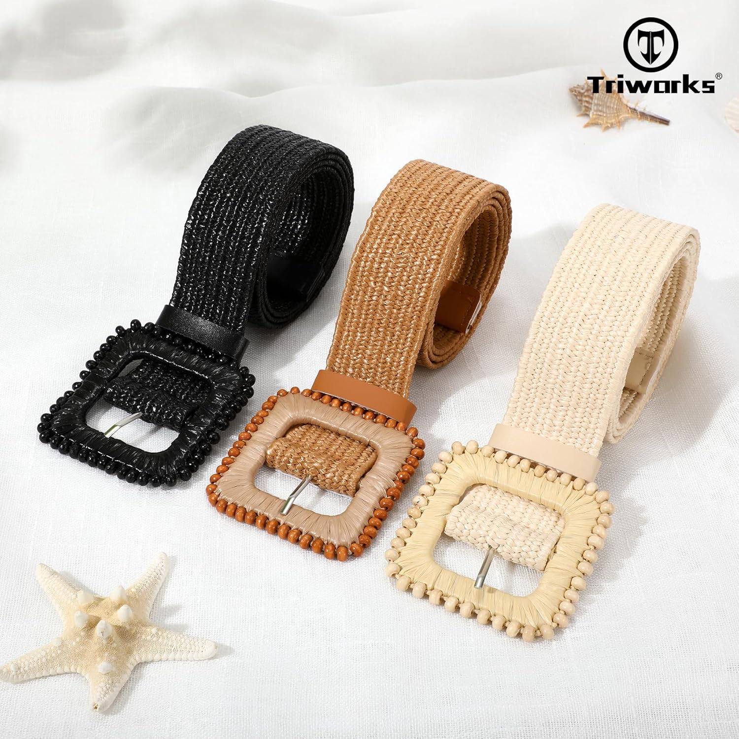 3 Pack Straw Woven Stretch Belt for Women,Raffia Elastic Belt for Dress Wide Boho Waist Belt with Square Buckle - Image 3