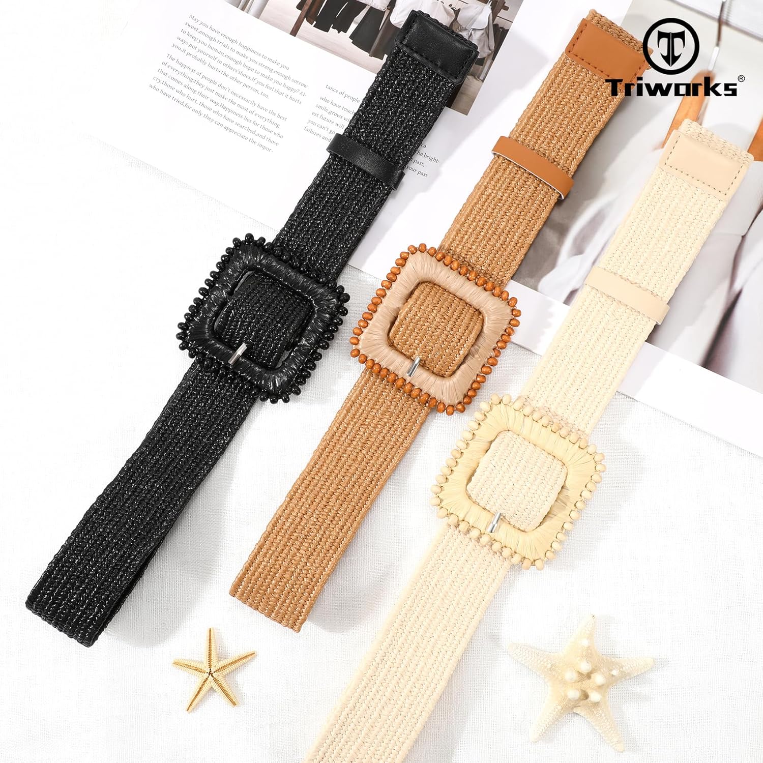 3 Pack Straw Woven Stretch Belt for Women,Raffia Elastic Belt for Dress Wide Boho Waist Belt with Square Buckle - Image 5