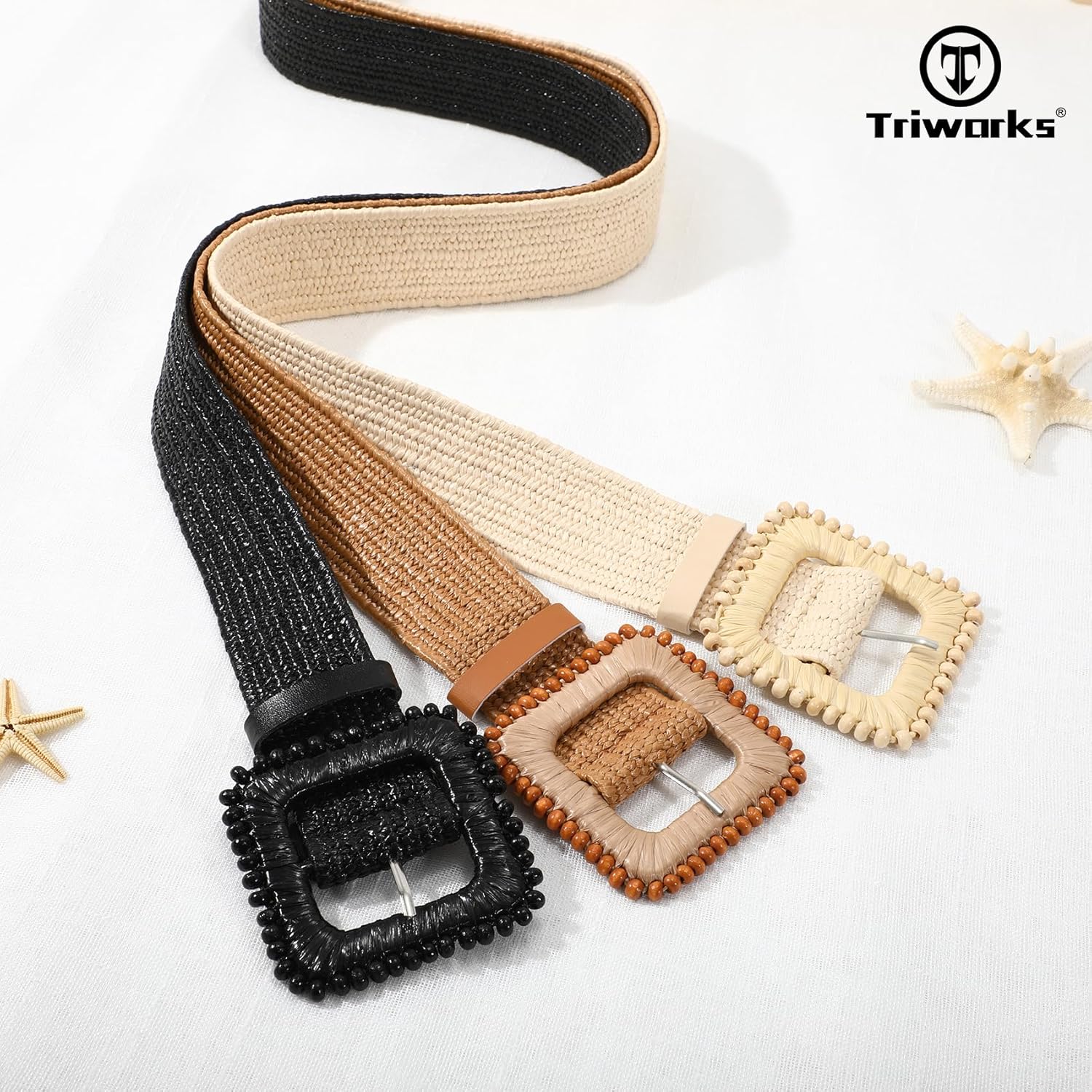 3 Pack Straw Woven Stretch Belt for Women,Raffia Elastic Belt for Dress Wide Boho Waist Belt with Square Buckle - Image 7