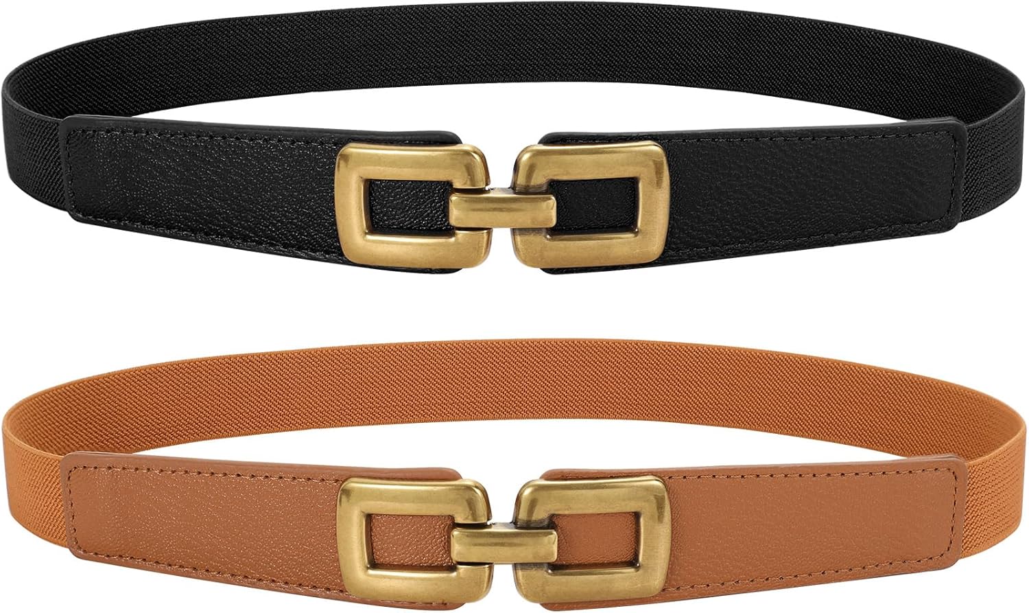 2 Pack Women Skinny Elastic Waist Belt for Dress Ladies Thin Stretch Belt with Gold Buckle - Image 1