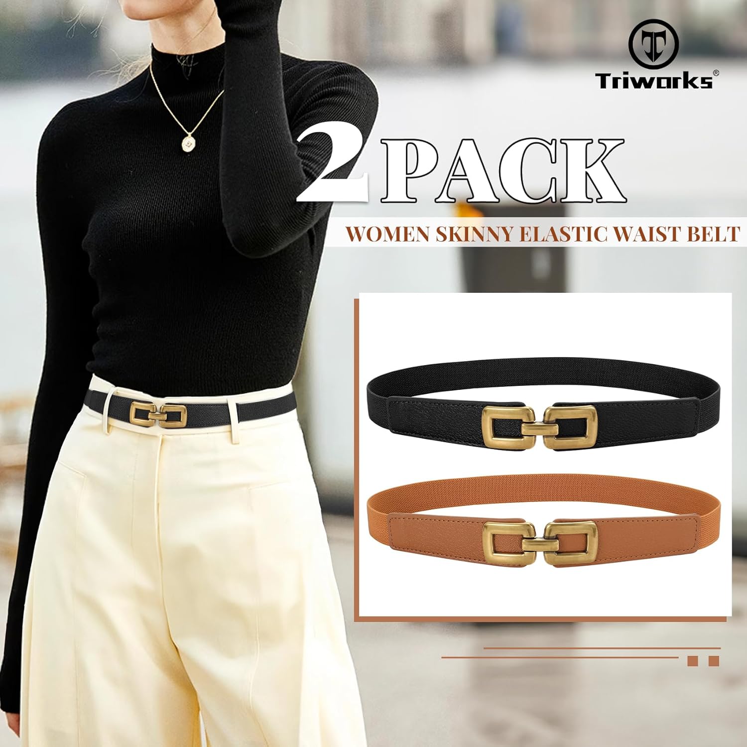 2 Pack Women Skinny Elastic Waist Belt for Dress Ladies Thin Stretch Belt with Gold Buckle - Image 2