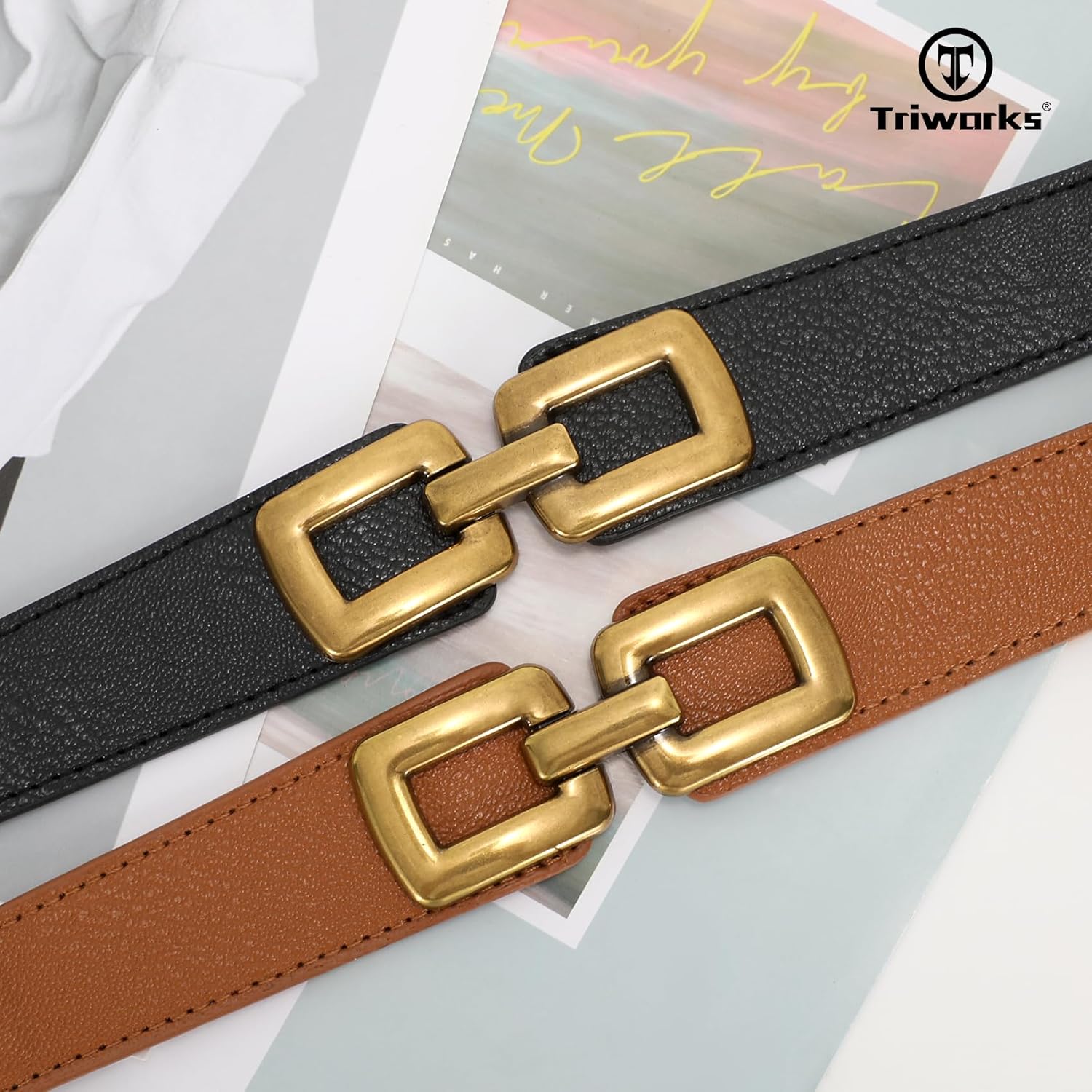 2 Pack Women Skinny Elastic Waist Belt for Dress Ladies Thin Stretch Belt with Gold Buckle - Image 3
