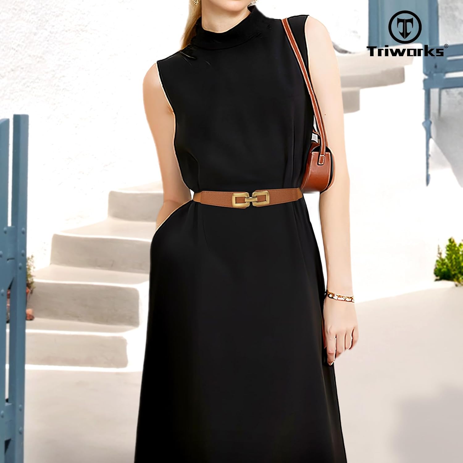 2 Pack Women Skinny Elastic Waist Belt for Dress Ladies Thin Stretch Belt with Gold Buckle - Image 4