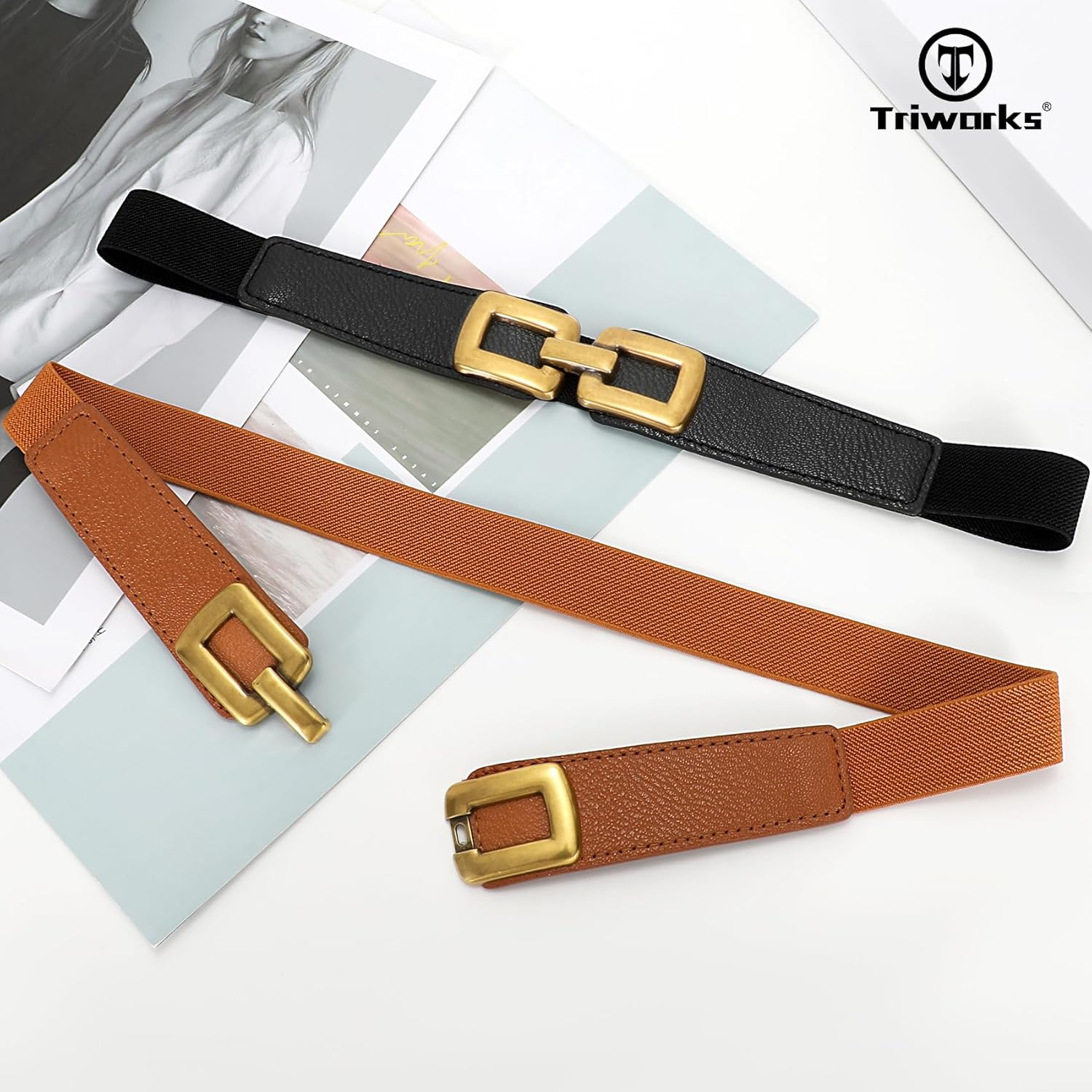 2 Pack Women Skinny Elastic Waist Belt for Dress Ladies Thin Stretch Belt with Gold Buckle - Image 5