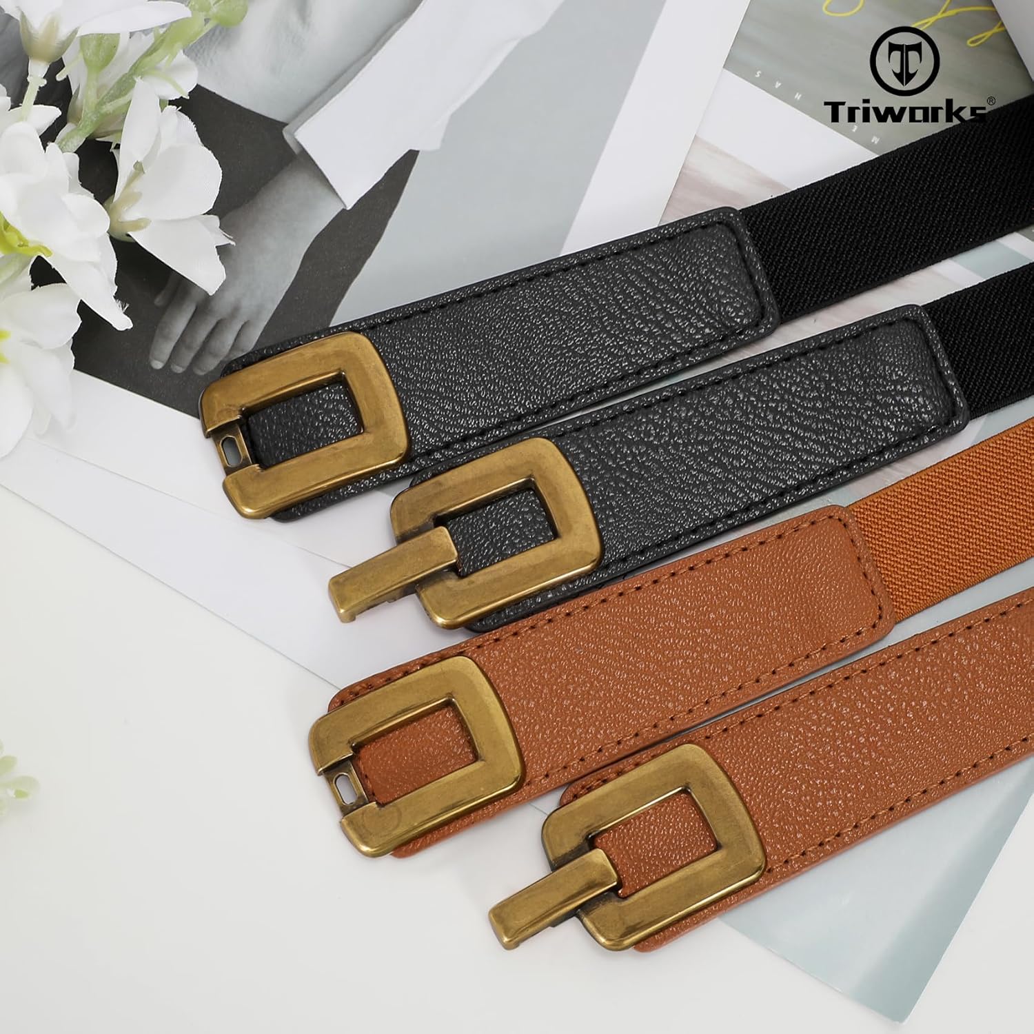 2 Pack Women Skinny Elastic Waist Belt for Dress Ladies Thin Stretch Belt with Gold Buckle - Image 6