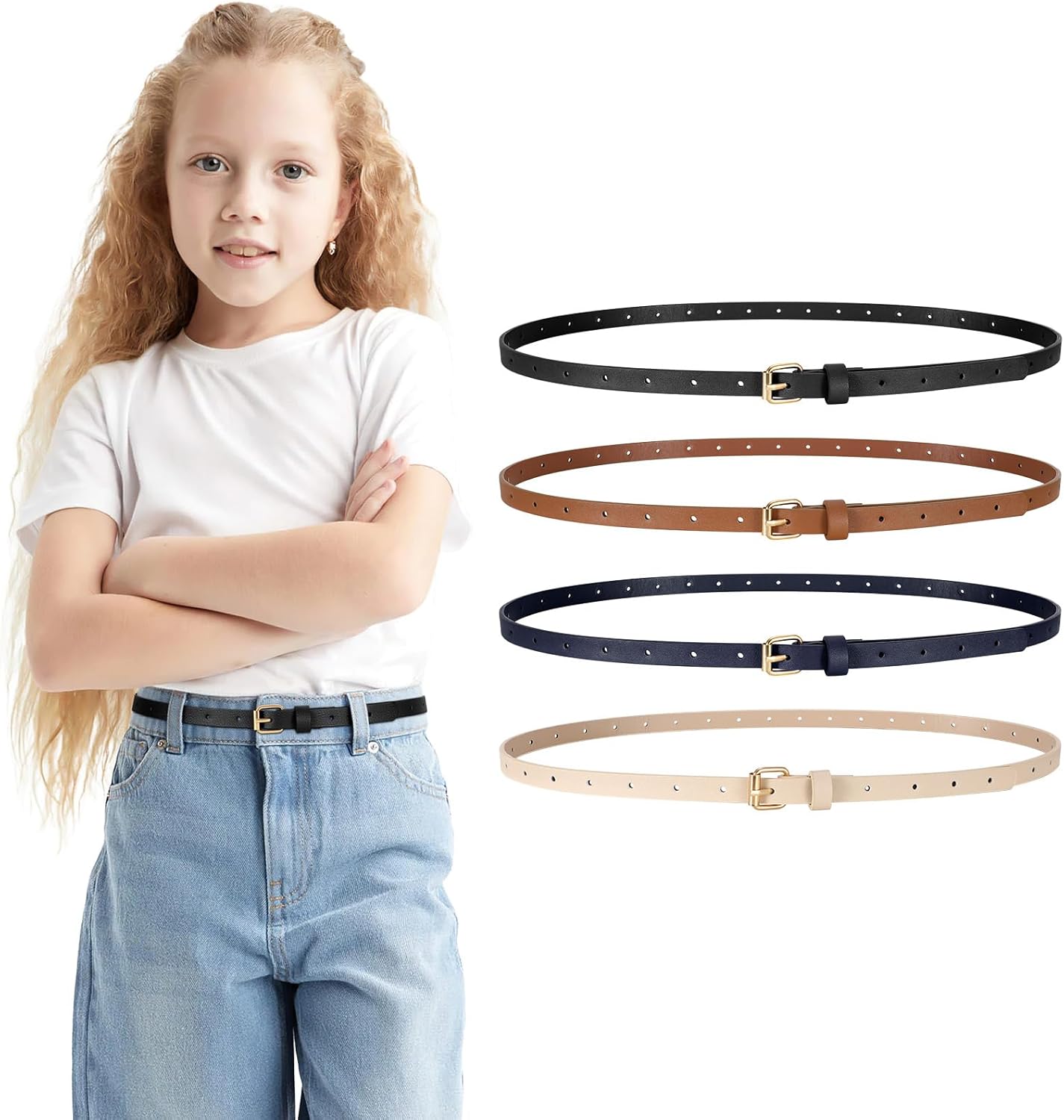 4 Pack Girls Skinny Leather Belts for Jeans Dress Thin Waist Belts for Girl with Gold Buckle - Image 1