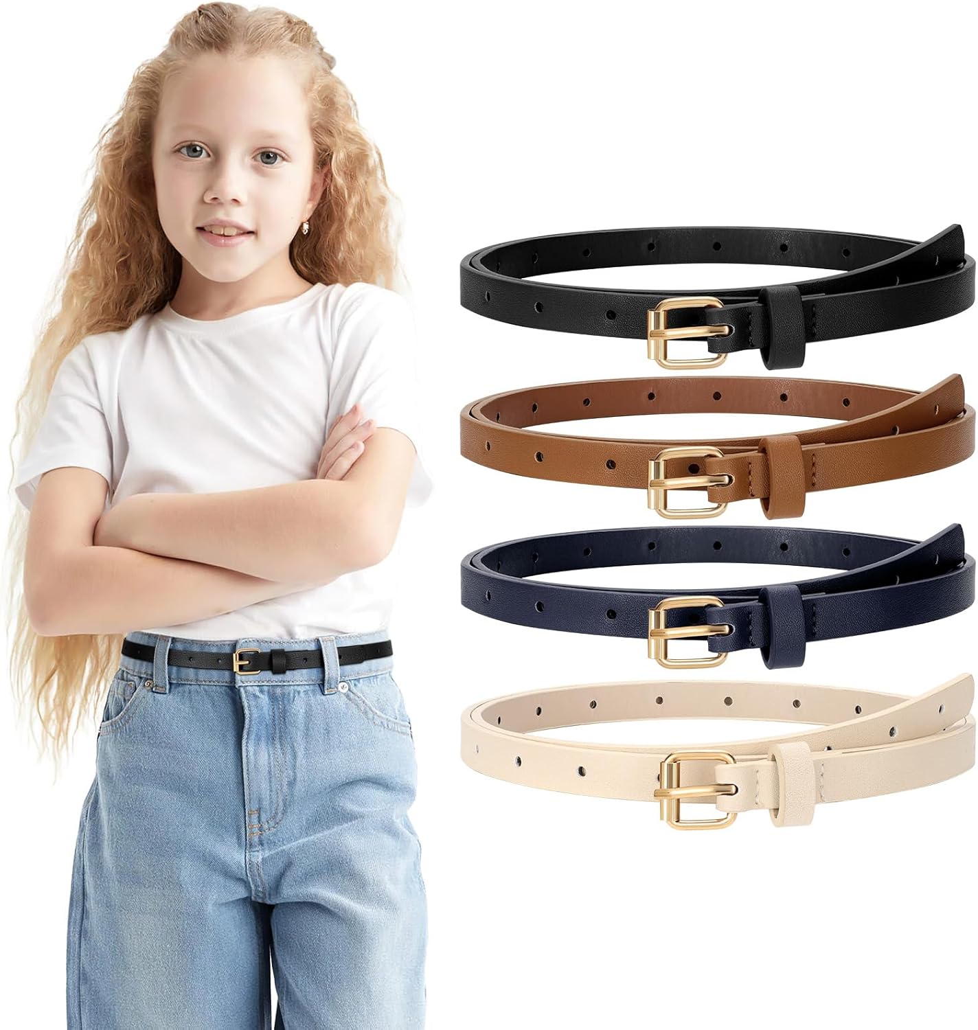 4 Pack Girls Skinny Leather Belts for Jeans Dress Thin Waist Belts for Girl with Gold Buckle - Image 6