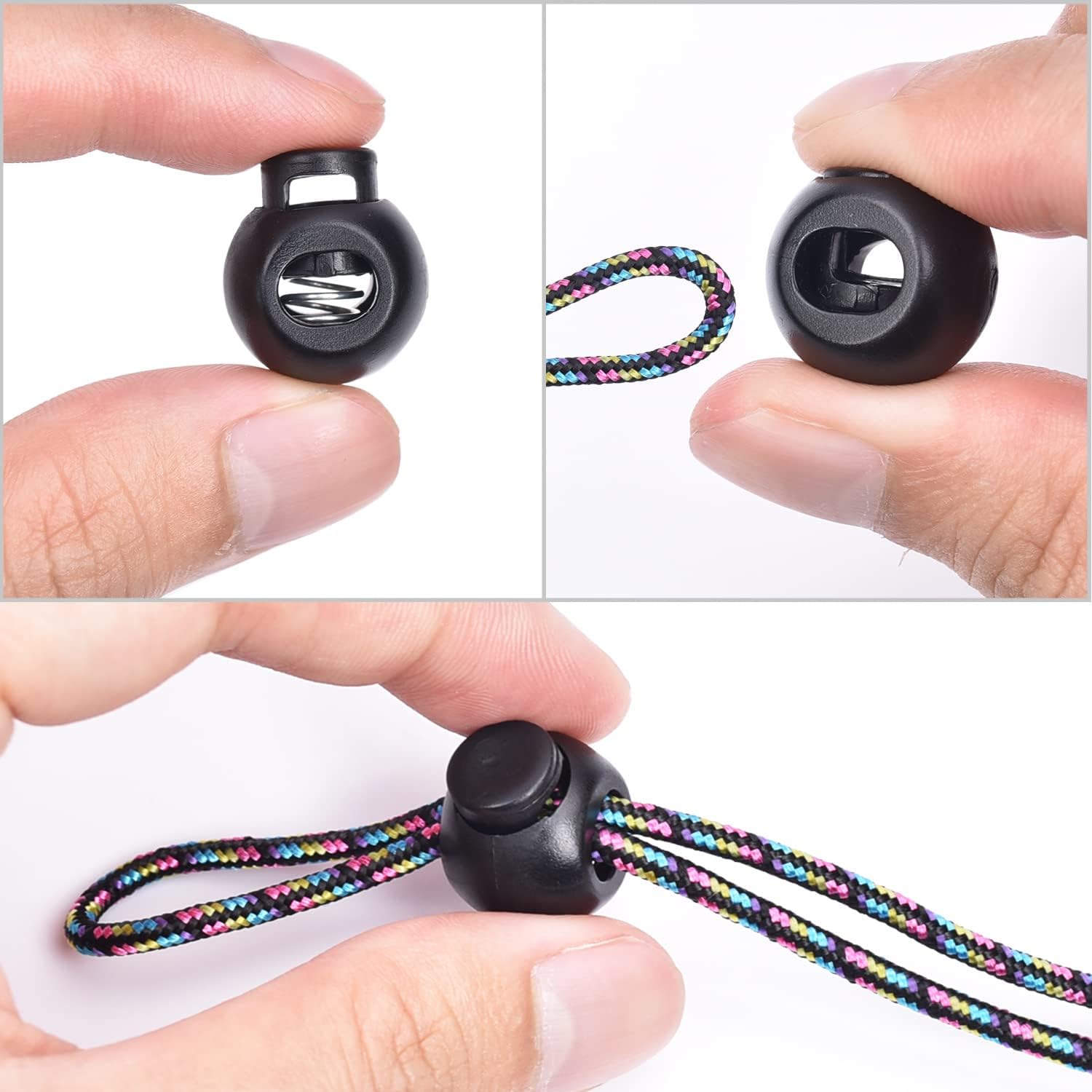 CooBigo 50Pack Single Hole Round Plastic Cord Locks, Spring Toggle Stopper for Drawstring Paracord Elastic Shoeslace Lock Glove Hats Sweatpant Hoodie Backpack String Clip Fastener Replacement - Image 6
