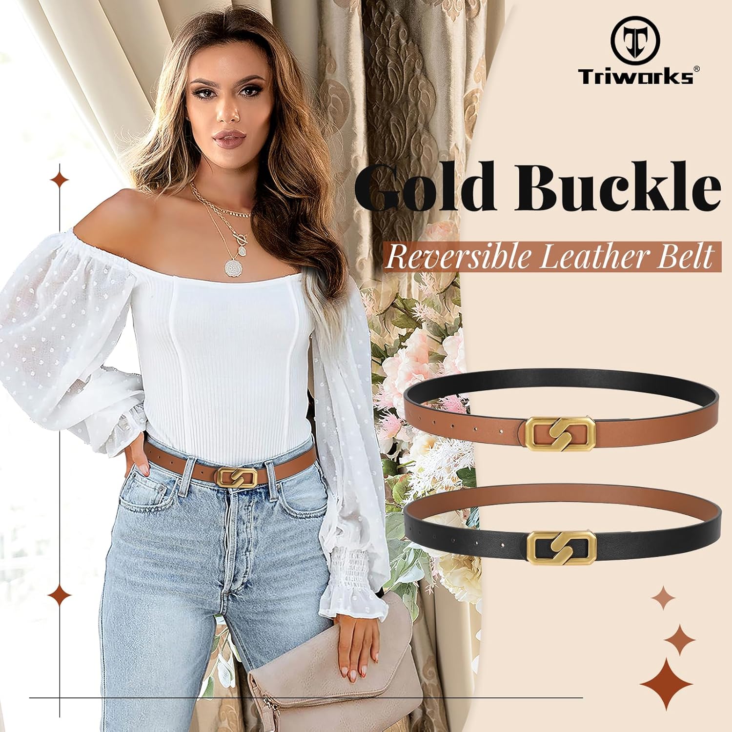 Women Reversible Leather Belt for Jeans, Ladies Waist Belt with Gold Buckle 0.9