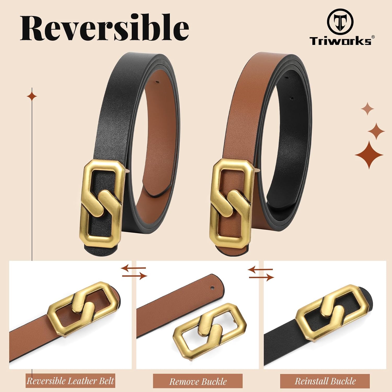 Women Reversible Leather Belt for Jeans, Ladies Waist Belt with Gold Buckle 0.9