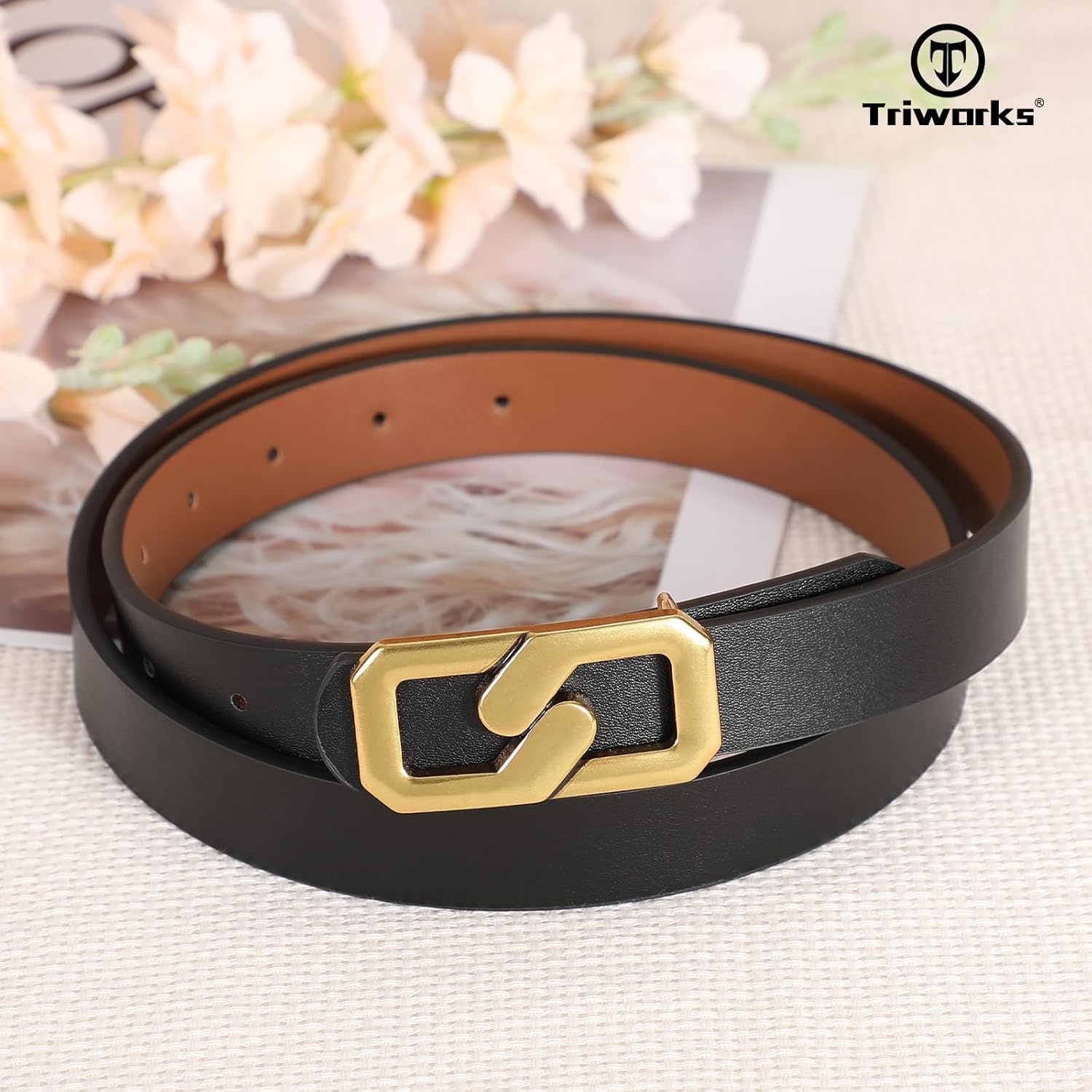 Women Reversible Leather Belt for Jeans, Ladies Waist Belt with Gold Buckle 0.9