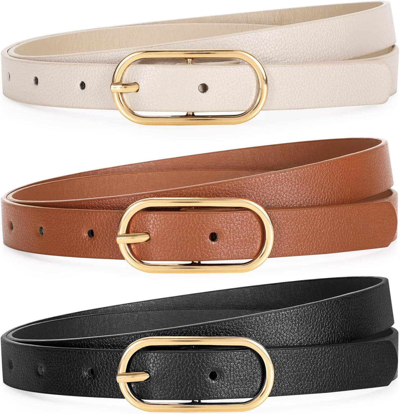 Women Skinny Leather Belt for Dress Pants Jeans Ladies Thin Waist Belts with Gold Buckle - Image 1