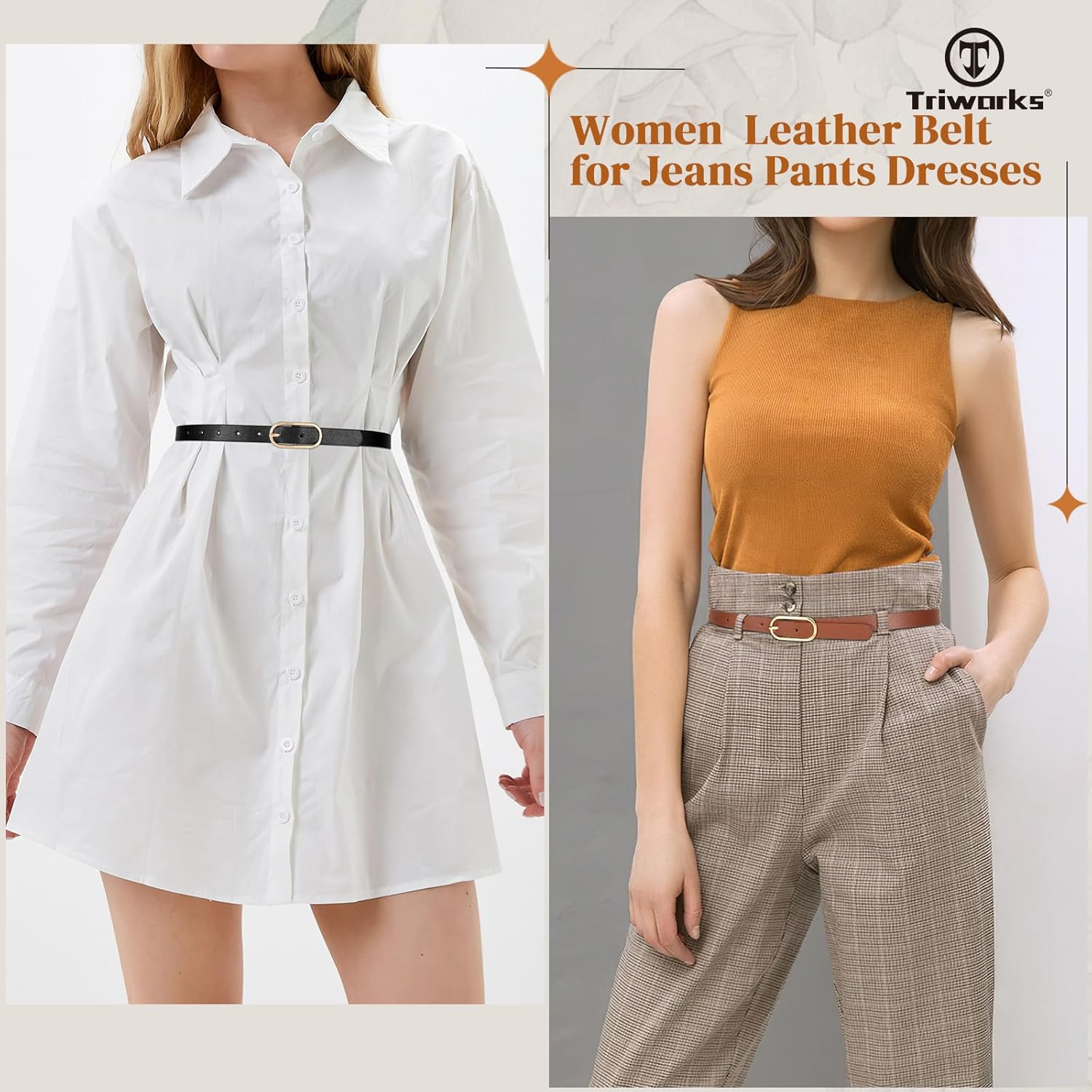 Women Skinny Leather Belt for Dress Pants Jeans Ladies Thin Waist Belts with Gold Buckle - Image 2